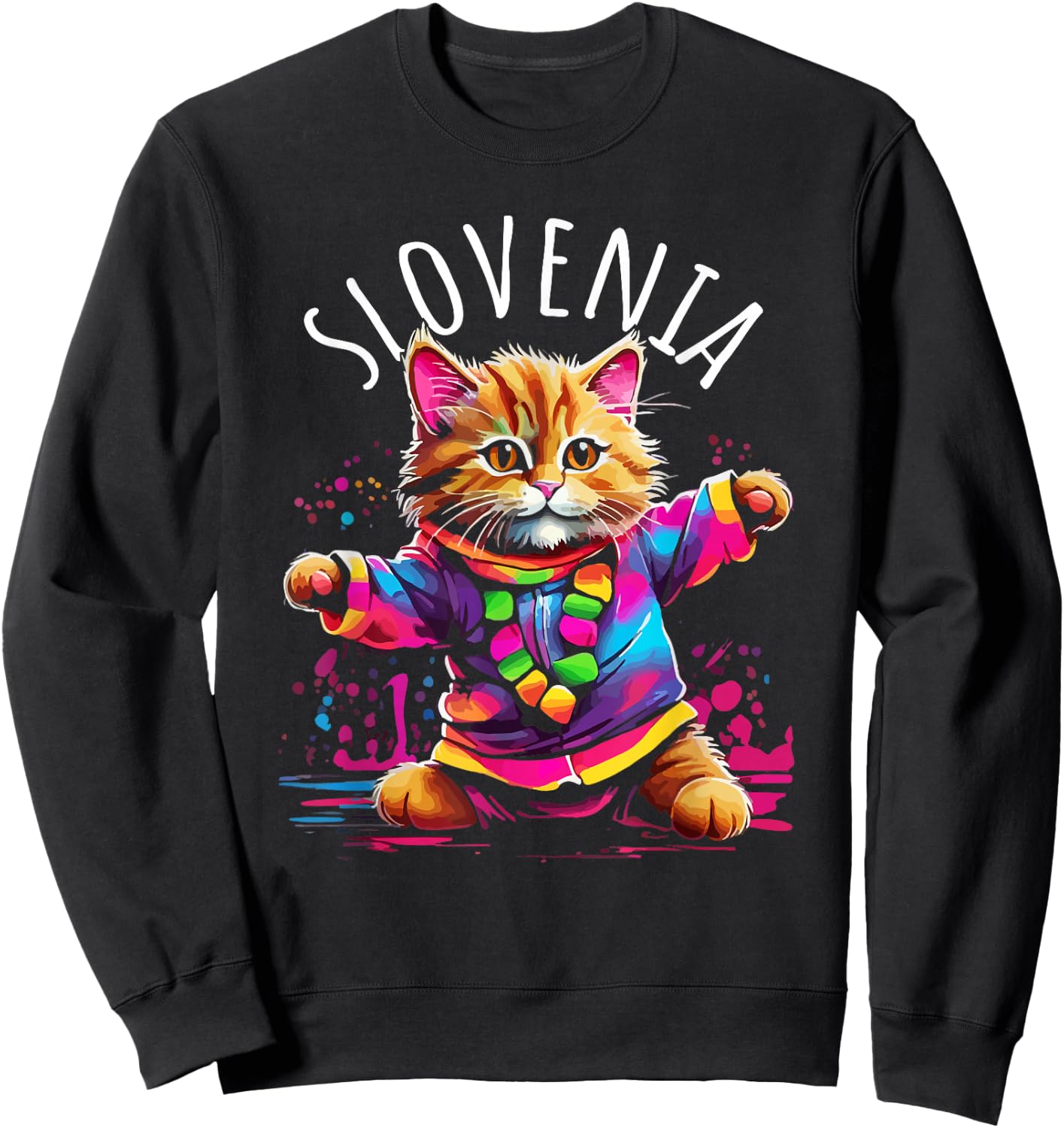 Slovenia Quirky Funny Cute Colorful Dancing Cat Design Sweatshirt - Sweatshirt | Black