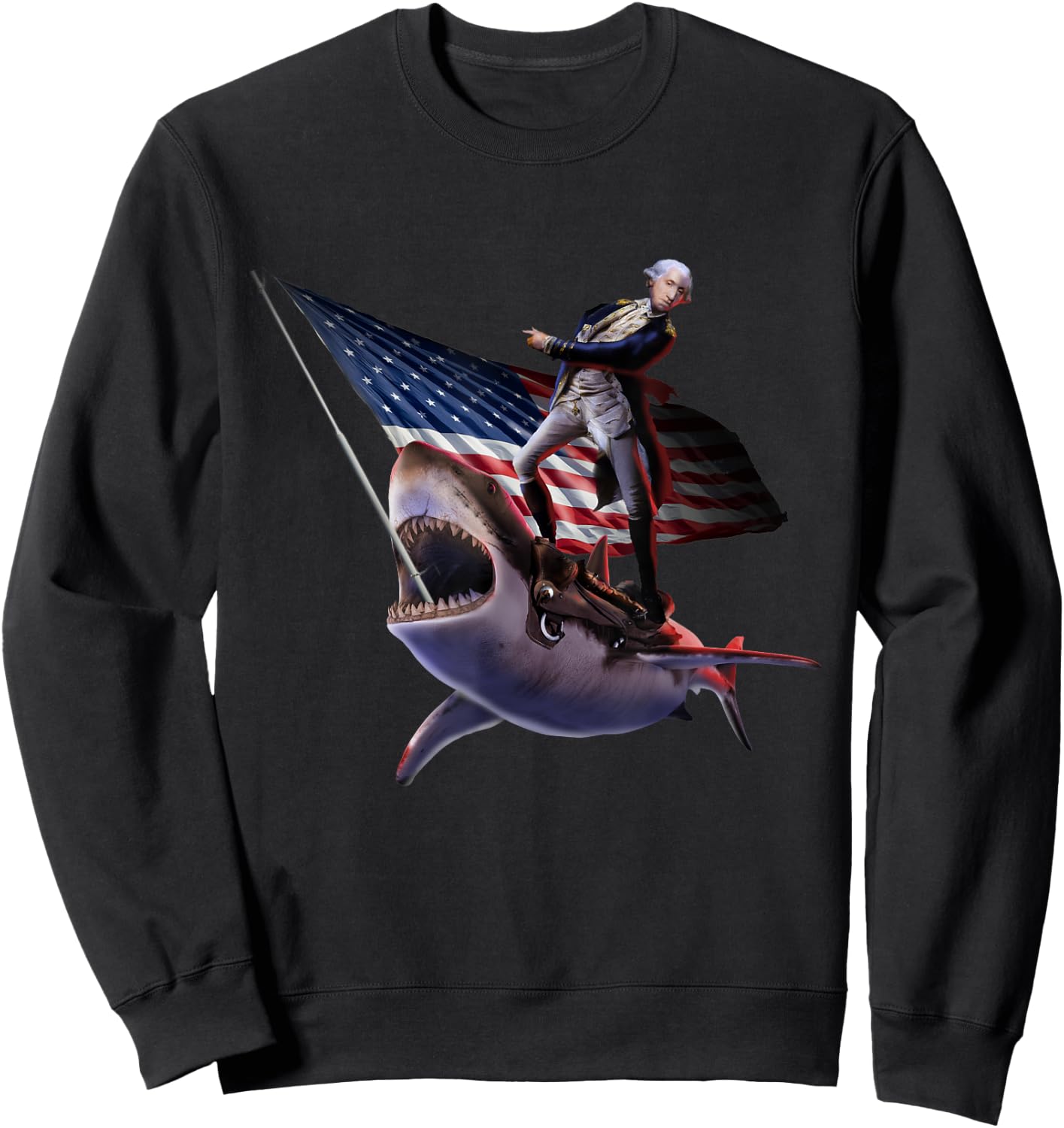 George Washington Riding Shark, 4th July, Patriotic Funny Sweatshirt - Sweatshirt | Black