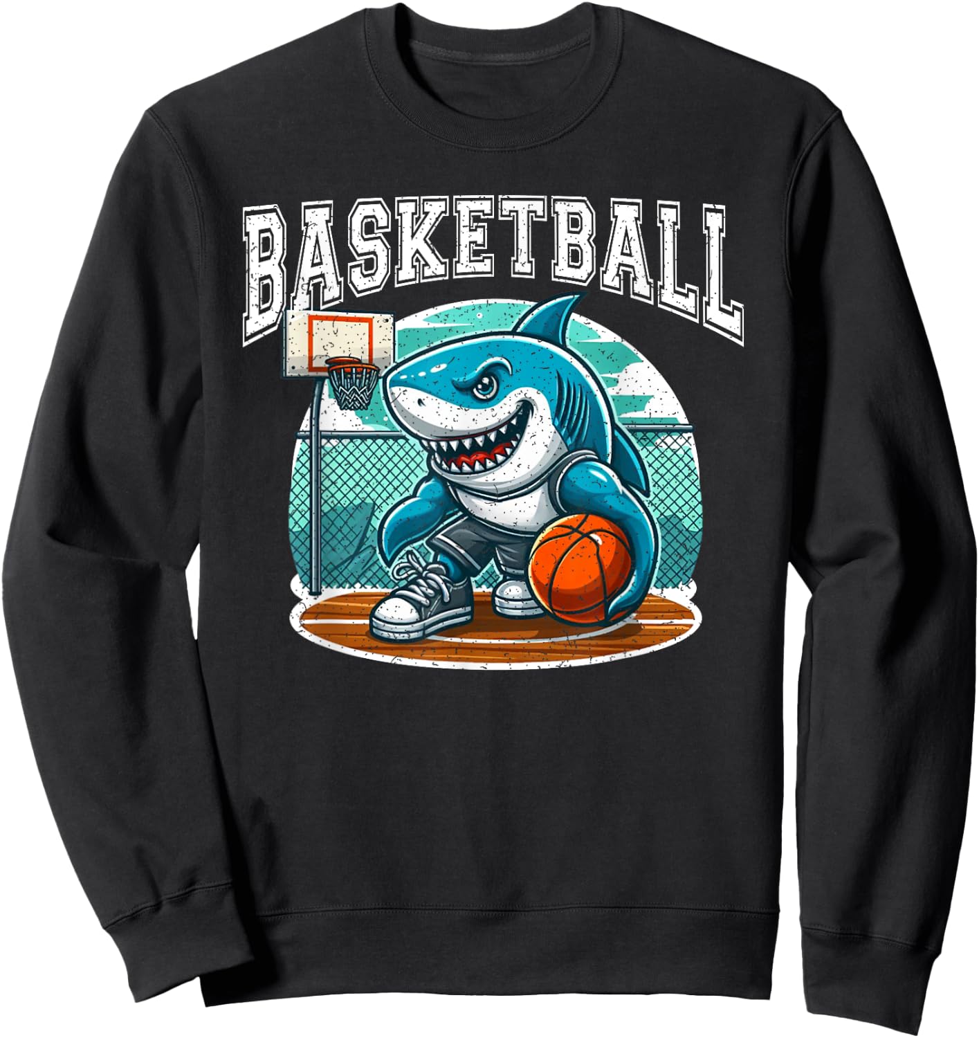 Basketball Shark Playing Basketball Vintage Sweatshirt - Sweatshirt | Black