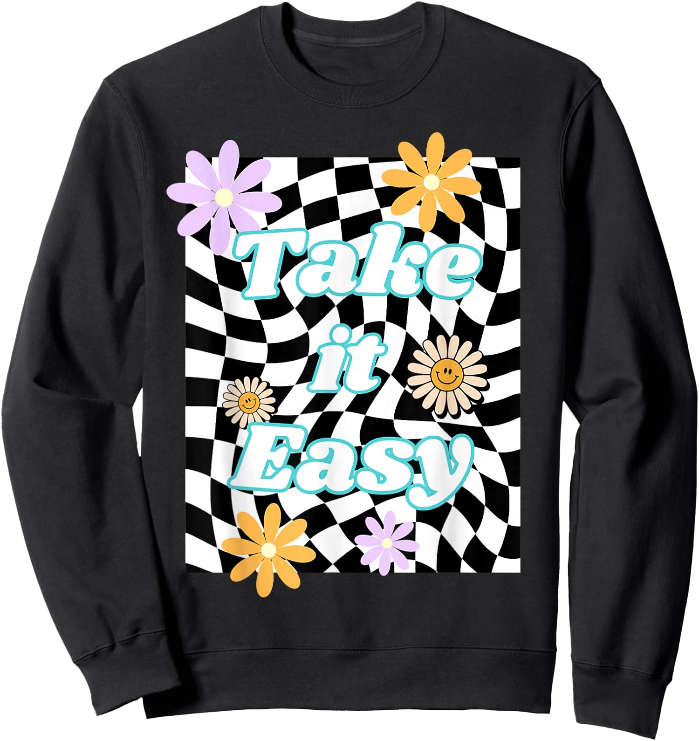 Take It Easy Checkered Groovy Smile Daisy Retro Flower Sweatshirt - Sweatshirt | Black