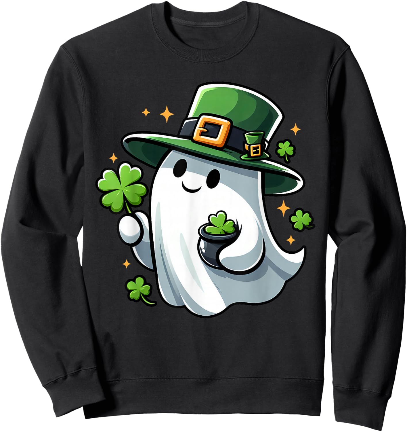 Saint Patricks Day Ghost Clover Pocket Cute My Boo Men Women Sweatshirt - Sweatshirt | Black