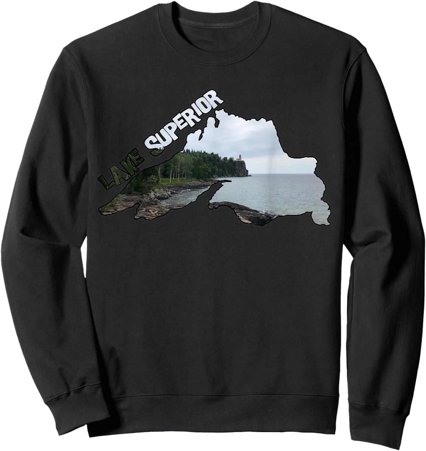 Lake Superior Outline (Split Rock Lighthouse) Sweatshirt - Sweatshirt | Black