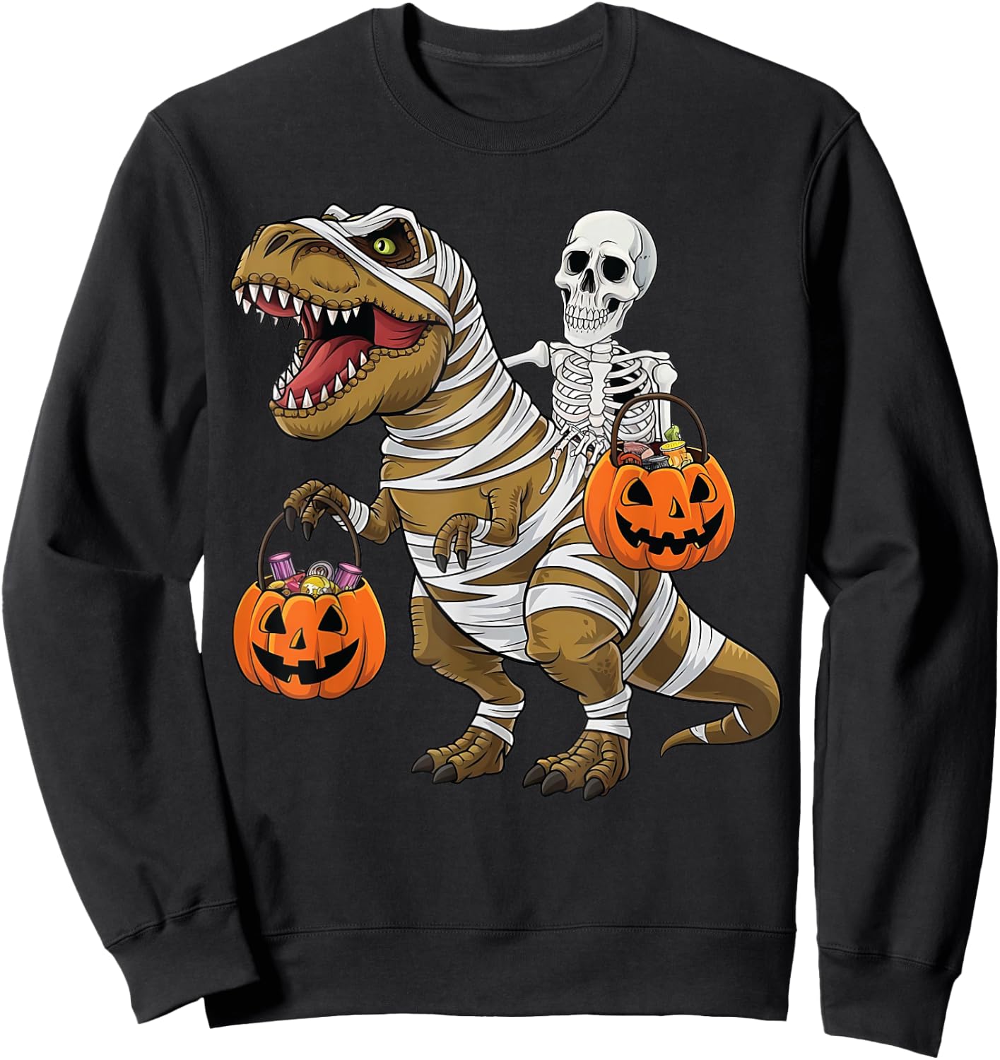 Skeleton Riding Mummy Dinosaur T rex Halloween Funny Pumpkin Sweatshirt - Sweatshirt | Black
