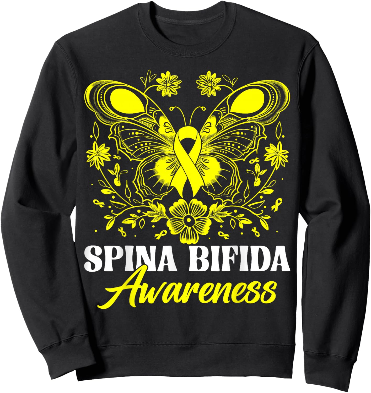 Spina Bifida Awareness Month Warrior Yellow Ribbon Butterfly Sweatshirt - Sweatshirt | Black