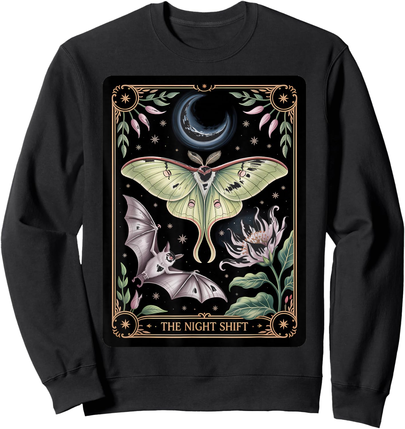 The Night Shift Mystical Luna Moth Bat Nocturnal Pollinator Sweatshirt - Sweatshirt | Black