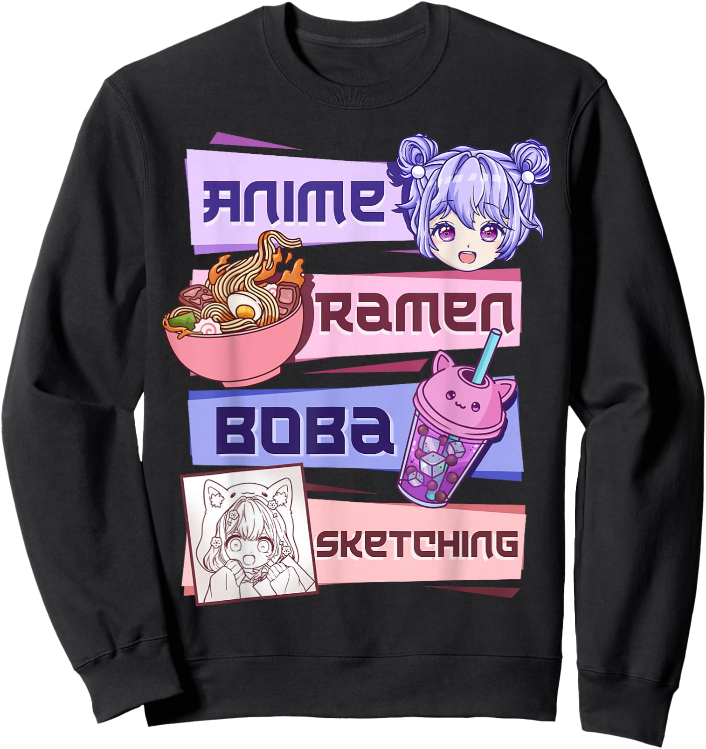 Anime Girl Ramen Boba Tea Bubble Tea Sketching Sweatshirt - Sweatshirt | Black