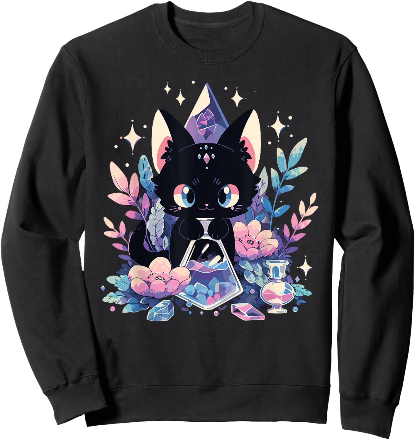 Cute Kawaii Witch Black Cat Crystal Alchemist Pastel Goth Sweatshirt - Sweatshirt | Black