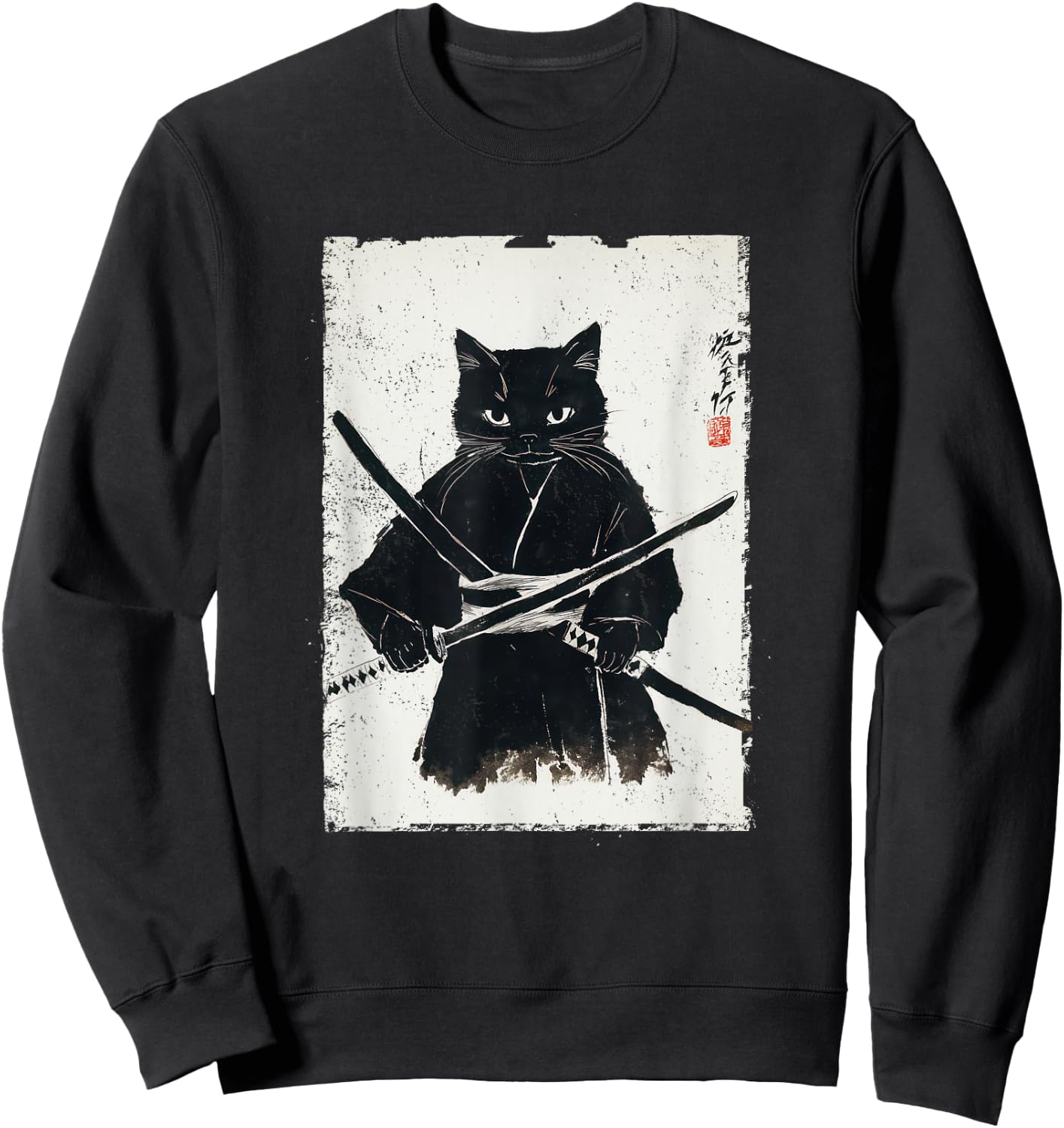 Vintage Samurai Cat Graphic Art Japanese Ukiyo-e Sweatshirt - Sweatshirt | Black