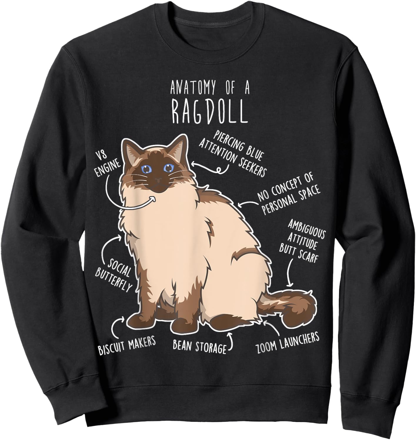 Ragdoll Cat Anatomy, Funny Cute Pet Mom Dad, Seal Point Sweatshirt - Sweatshirt | Black