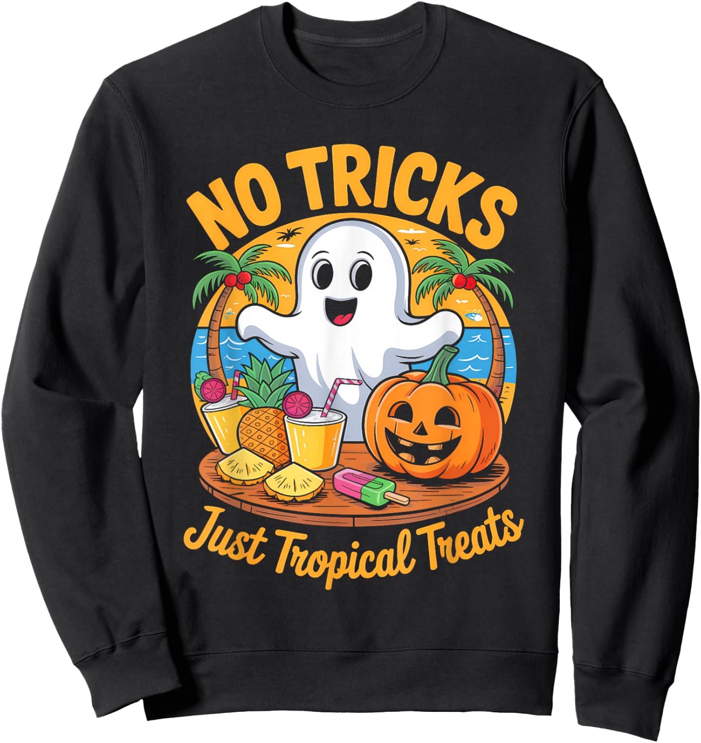Cute Summerween Ghost Funny Beach Halloween Sweatshirt - Sweatshirt | Black