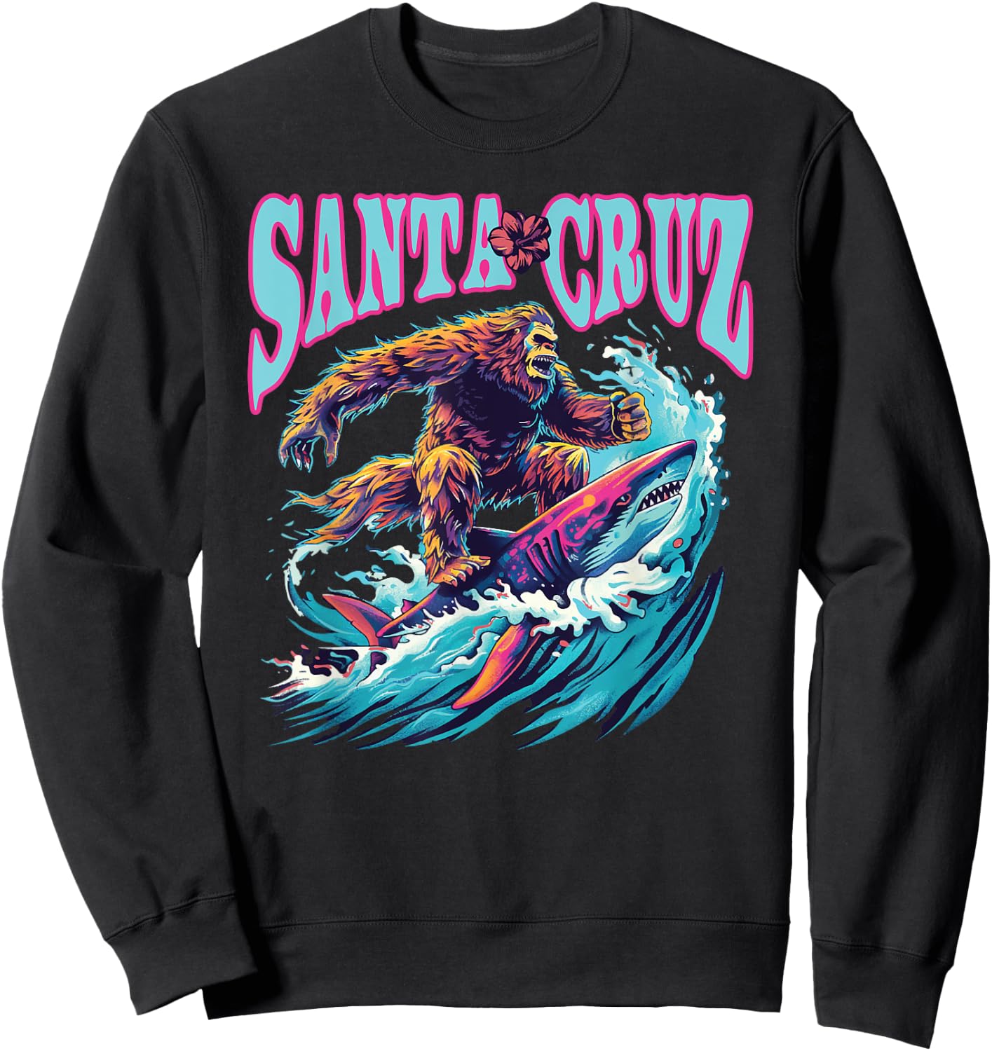 Santa Cruz California Summer Surfing Bigfoot Shark Women Kids Sweatshirt - Sweatshirt | Black