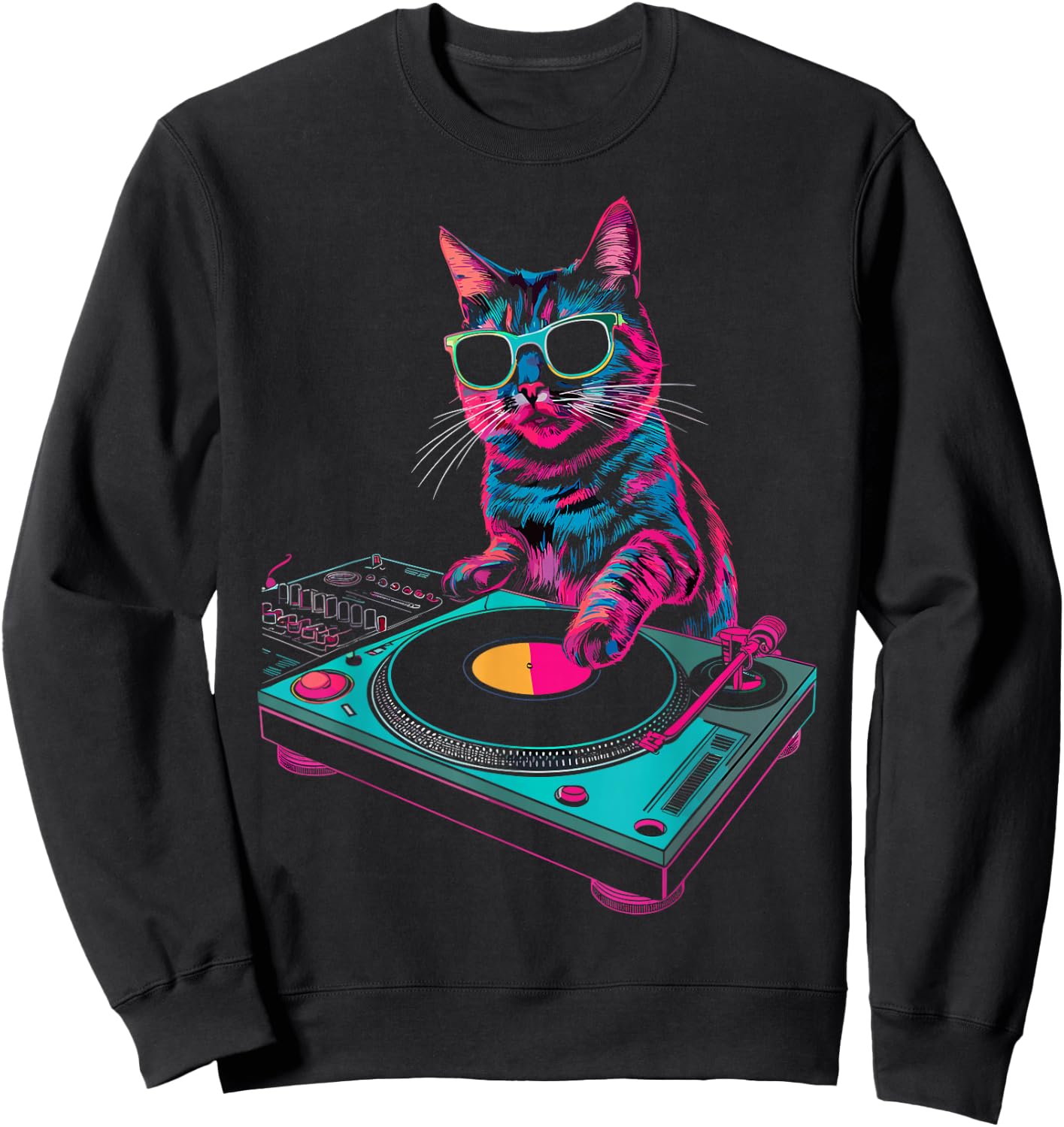 House DJ Cat Rainbow DJ Cat Kitty on Turntable Disco DJ Cat , Small, Black Sweatshirt - Sweatshirt | Black