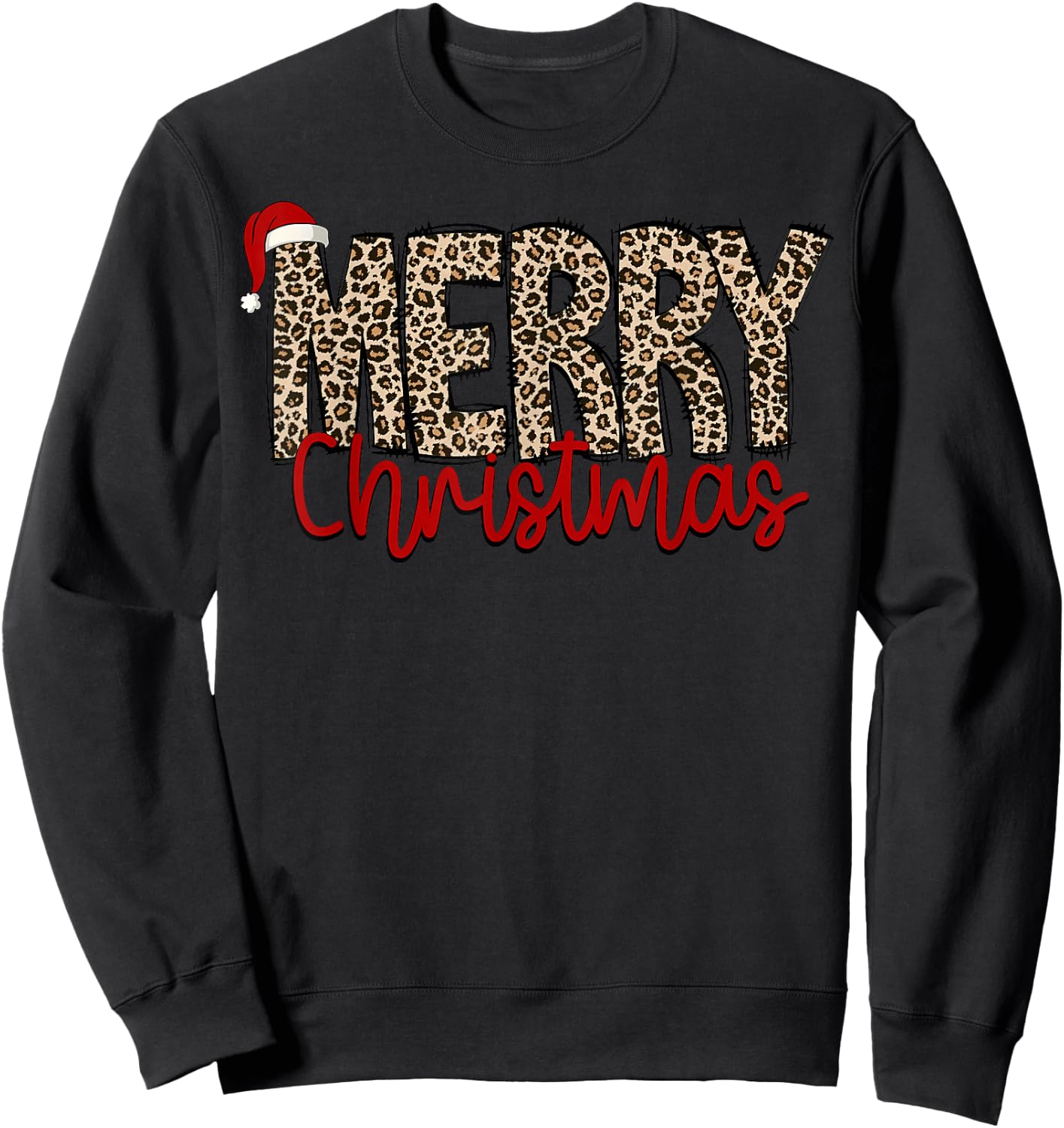 Merry Christmas Leopard Santa Hat Cheetah Print Xmas Pajamas Sweatshirt - Sweatshirt | Black