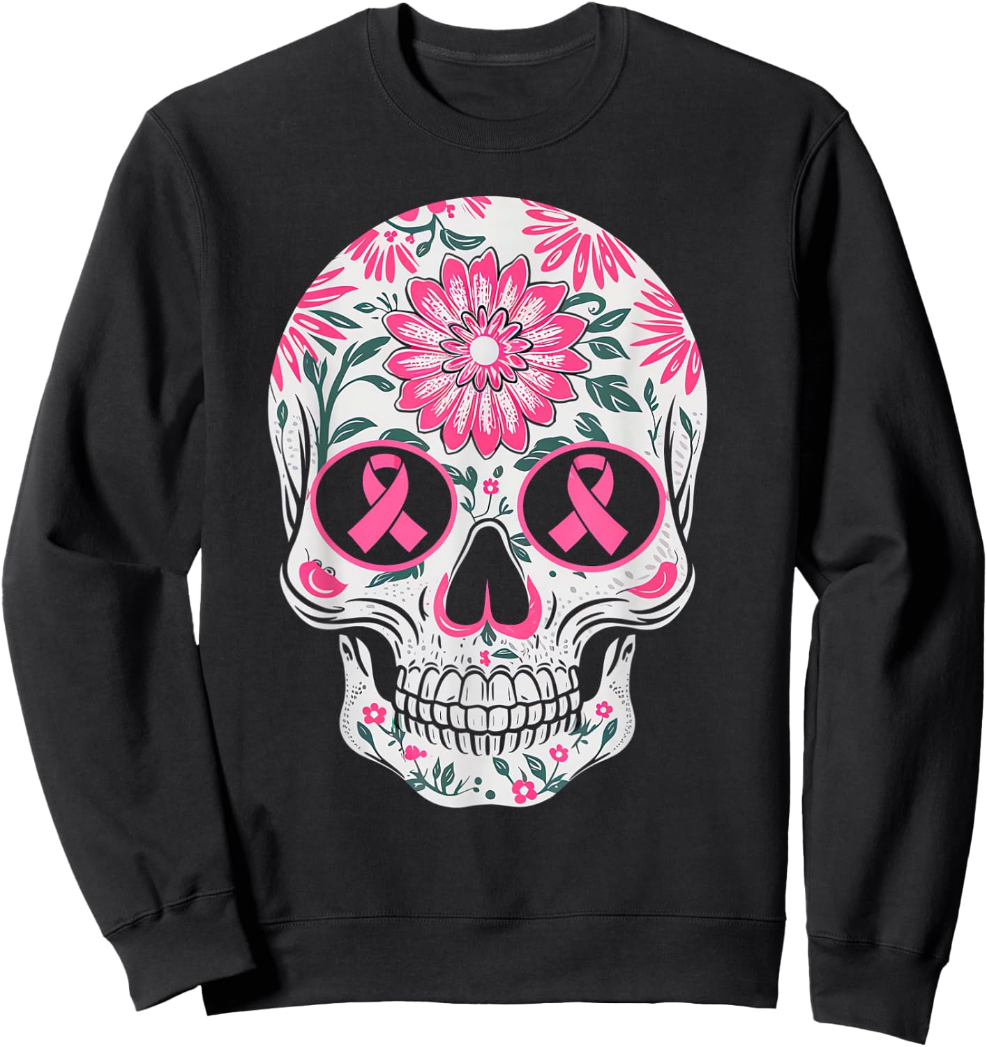 Pink Ribbon Skull Skeleton Breast Cancer Awareness Sweatshirt - Sweatshirt | Black