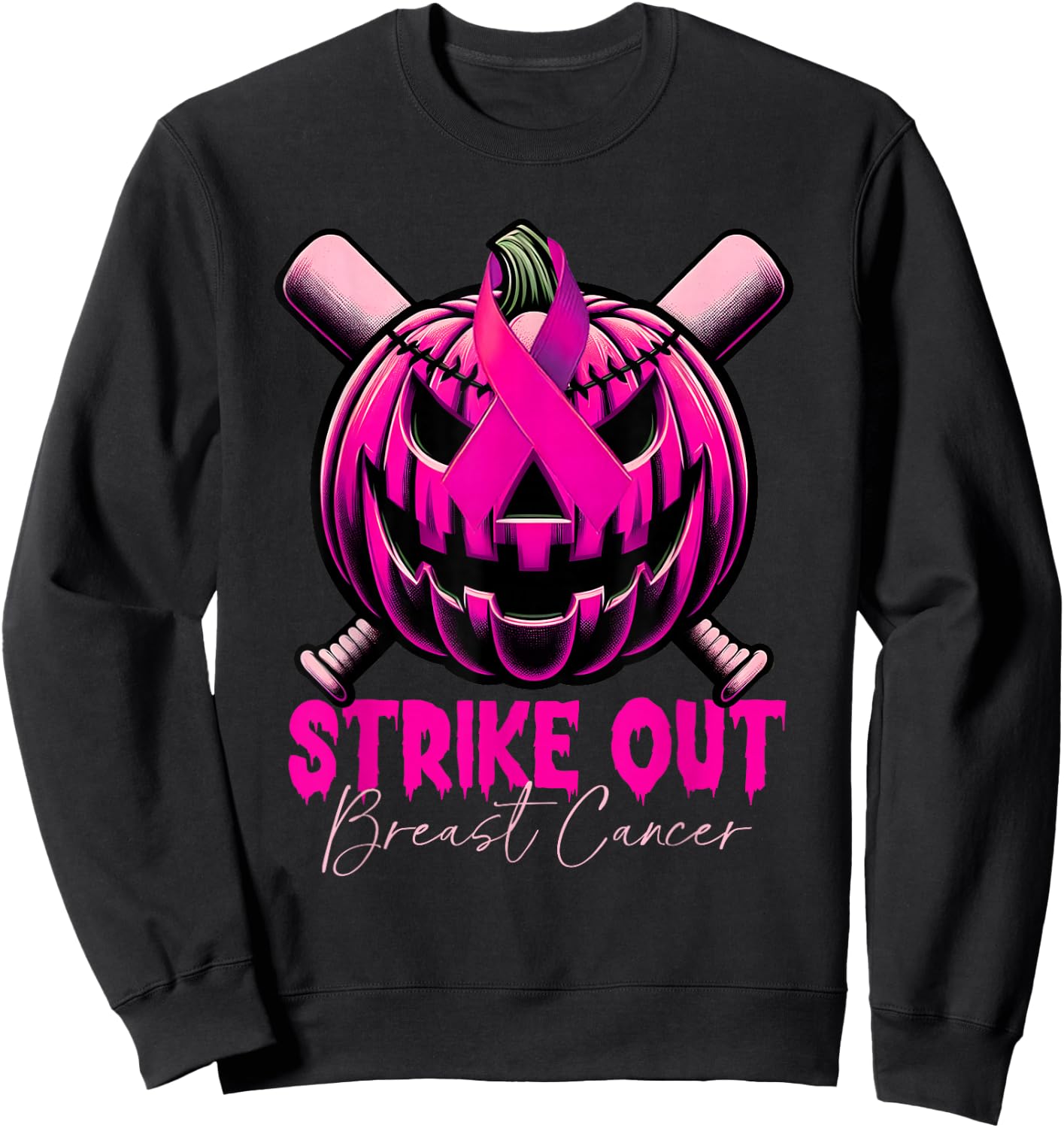 Strike Out Breast Cancer Awareness Baseball Pink Halloween Sweatshirt - Sweatshirt | Black