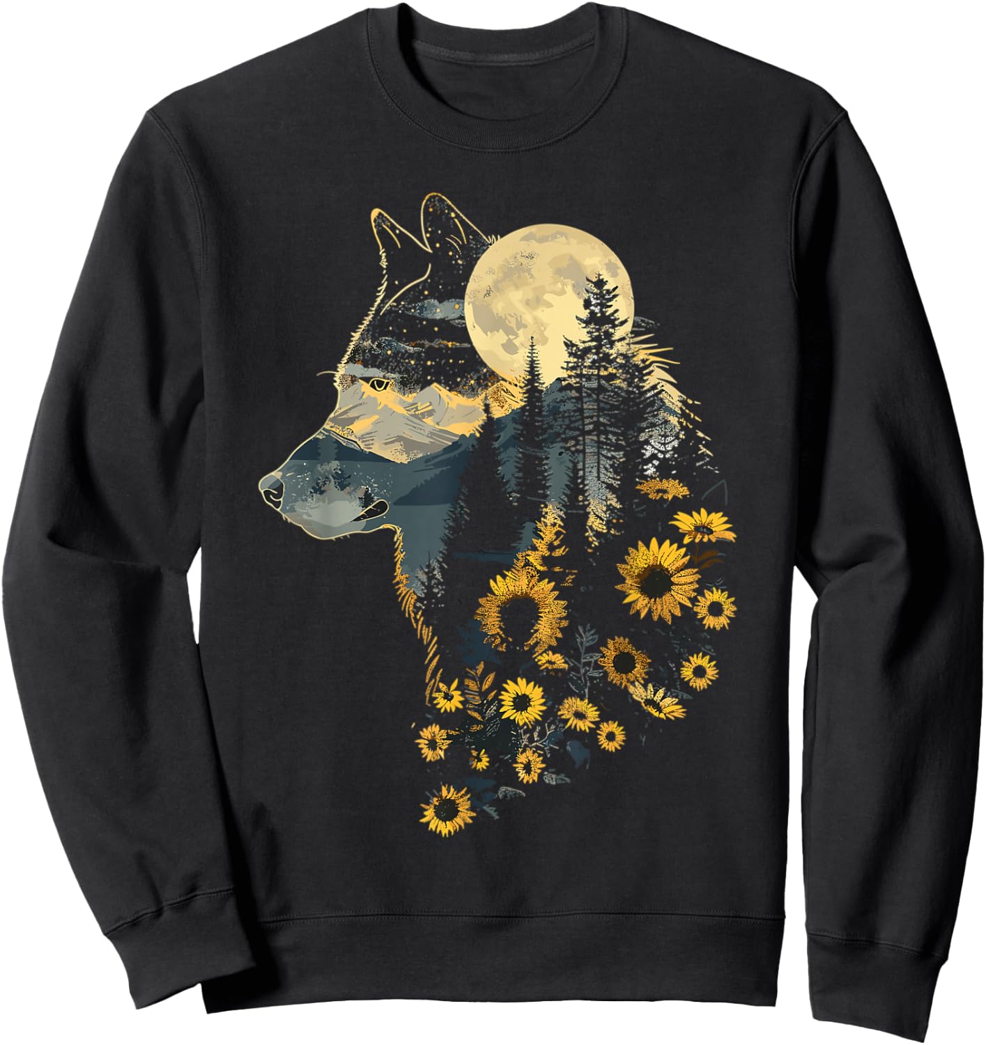 Cute Wolf Floral Sunflower Wolves Sweatshirt - Sweatshirt | Black