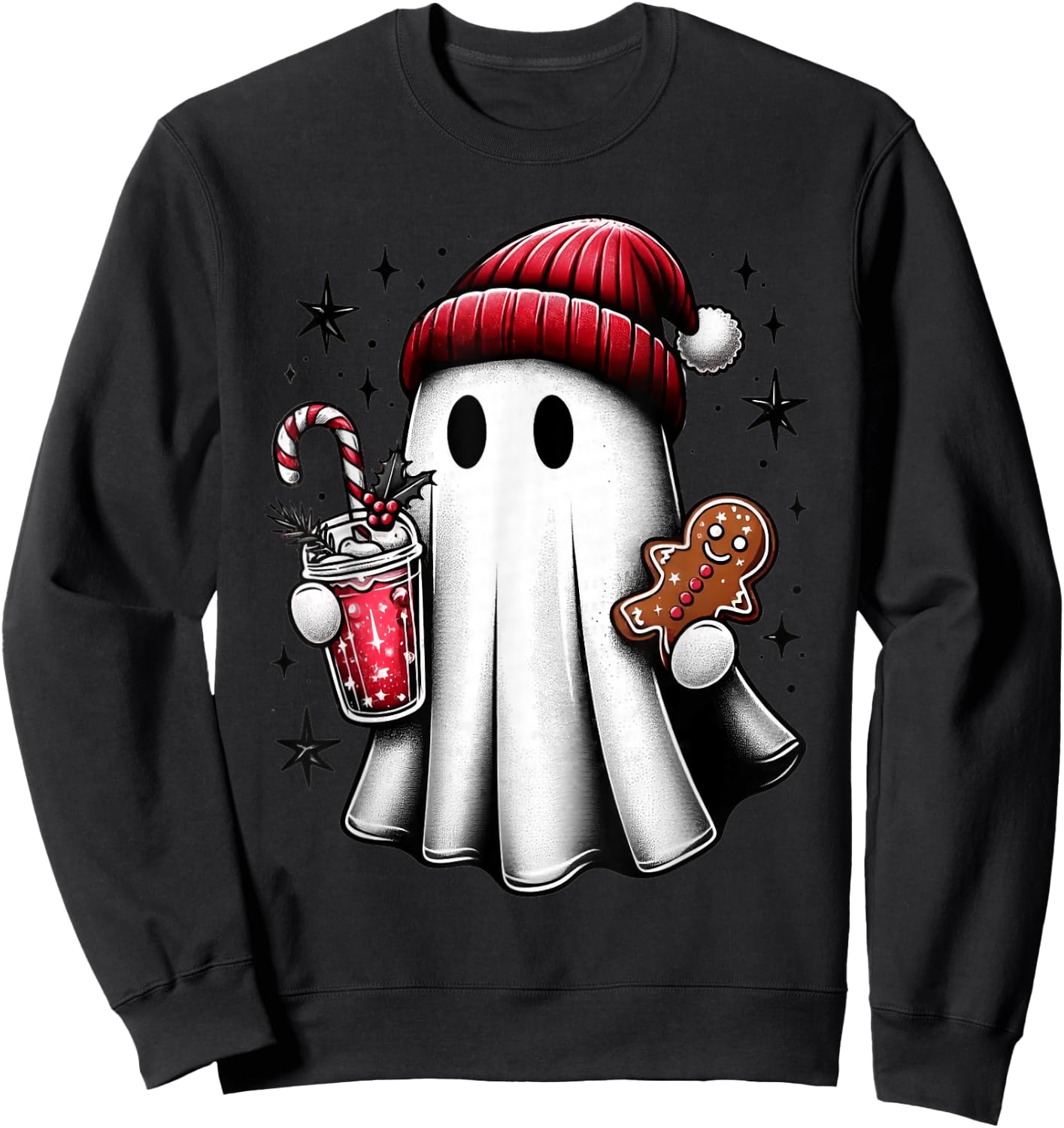 Cute Santa Ghost Drinking Coffee Ice Coffee Christmas Pajama Sweatshirt - Sweatshirt | Black