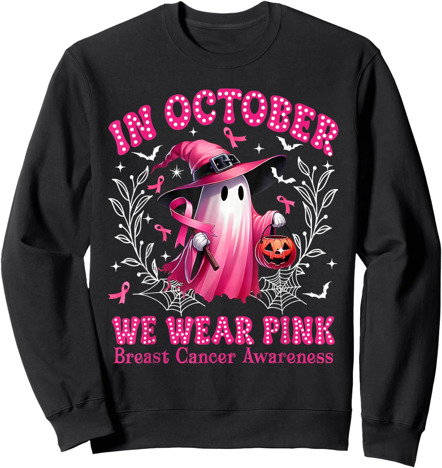 In October We Wear Pink Ghost Witch Breast Cancer Awareness Sweatshirt - Sweatshirt | Black
