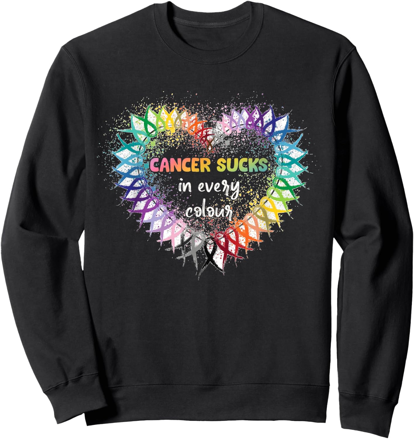 Cancer Sucks in Every Color Cancer Awareness Ribbons Heart Sweatshirt - Sweatshirt | Black
