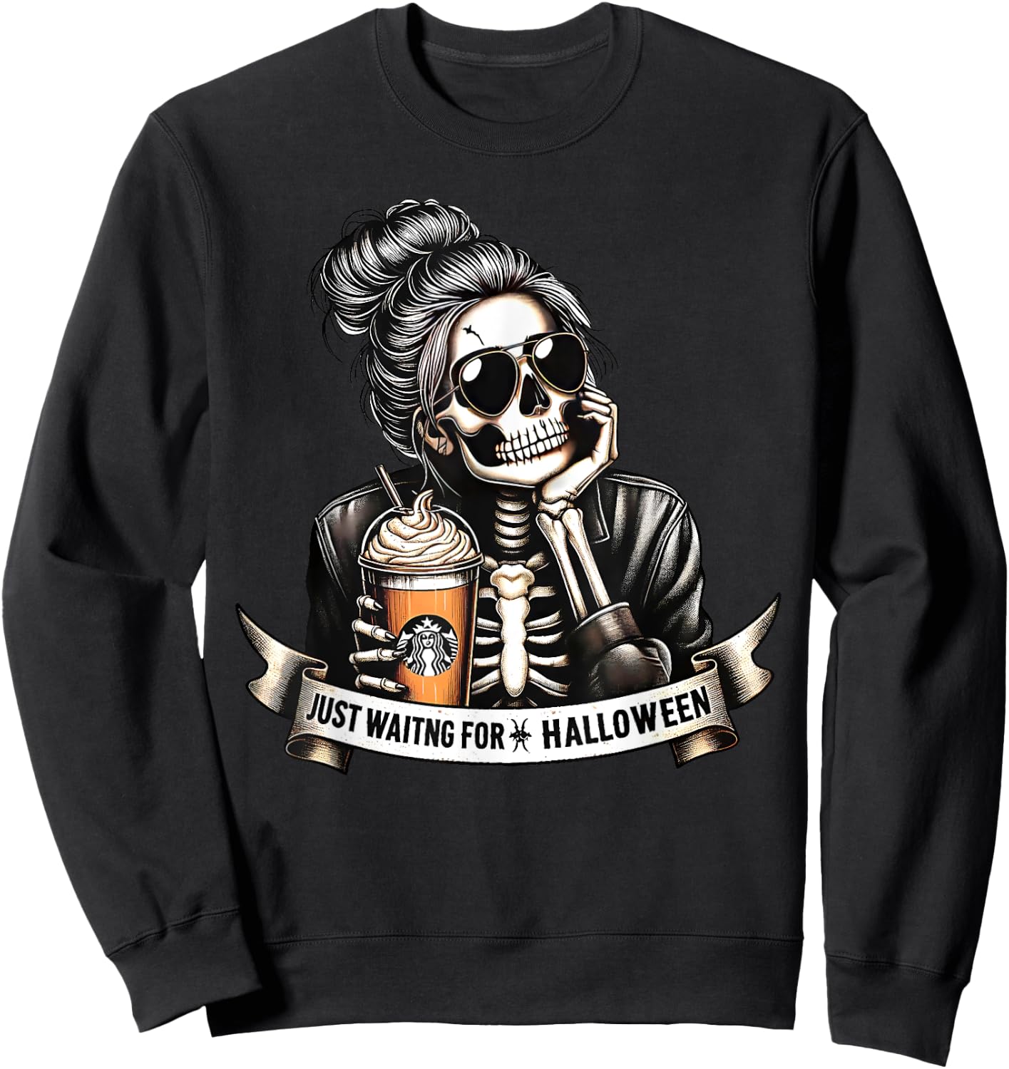 Just Waiting For Halloween Spooky Season Skeleton Coffee Sweatshirt - Sweatshirt | Black