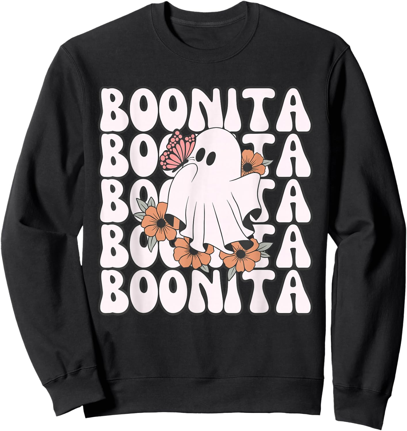 Boonita Halloween Ghost Floral Butterfly Boo Girls Sweatshirt - Sweatshirt | Black