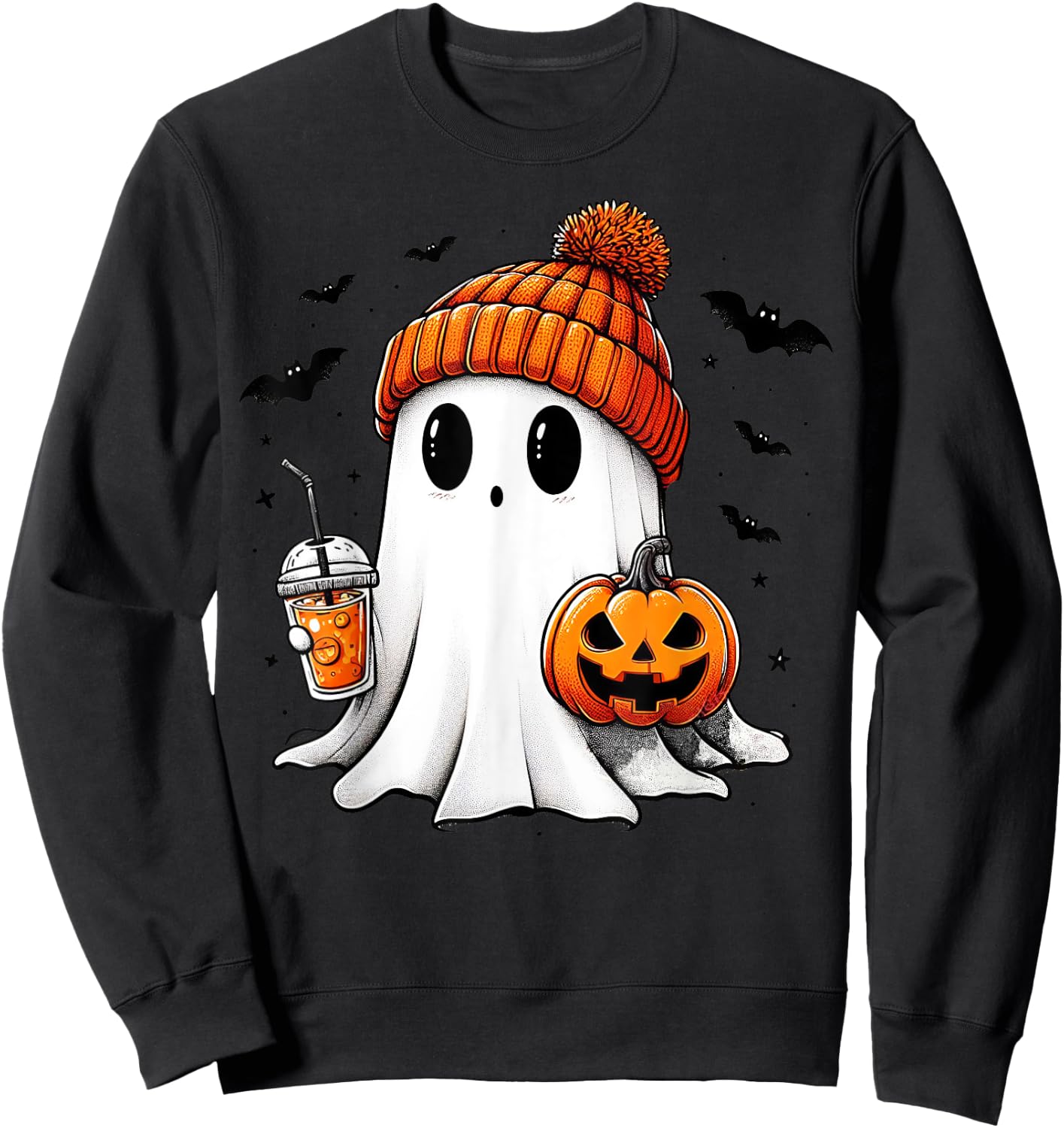 Cute Ghost Drinking Coffee Halloween Ghost Ice Coffee Sweatshirt - Sweatshirt | Black