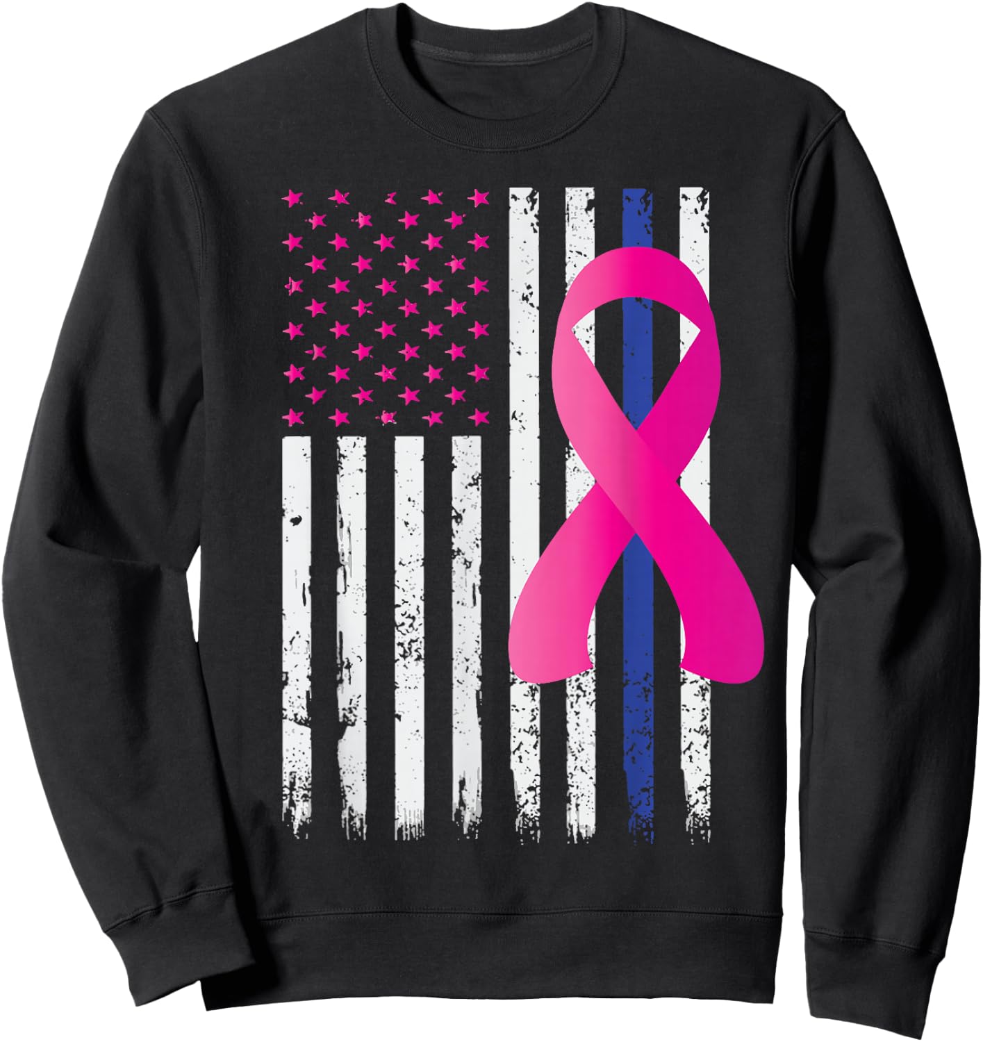 Breast Cancer Awareness Ribbon Thin Blue Line Police Flag Sweatshirt - Sweatshirt | Black