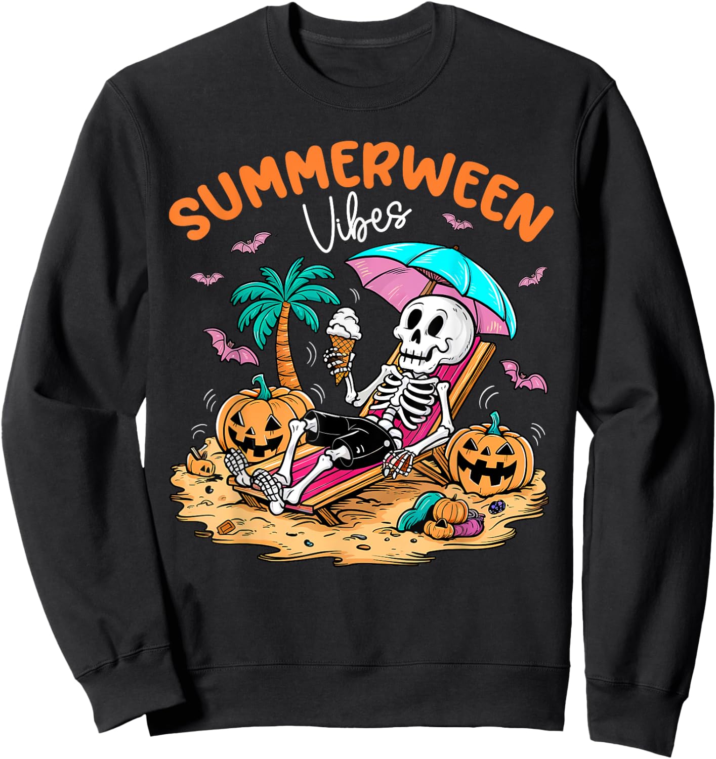 Summerween Halloween Skeleton Ice Cream Summer Vacation Sweatshirt - Sweatshirt | Black