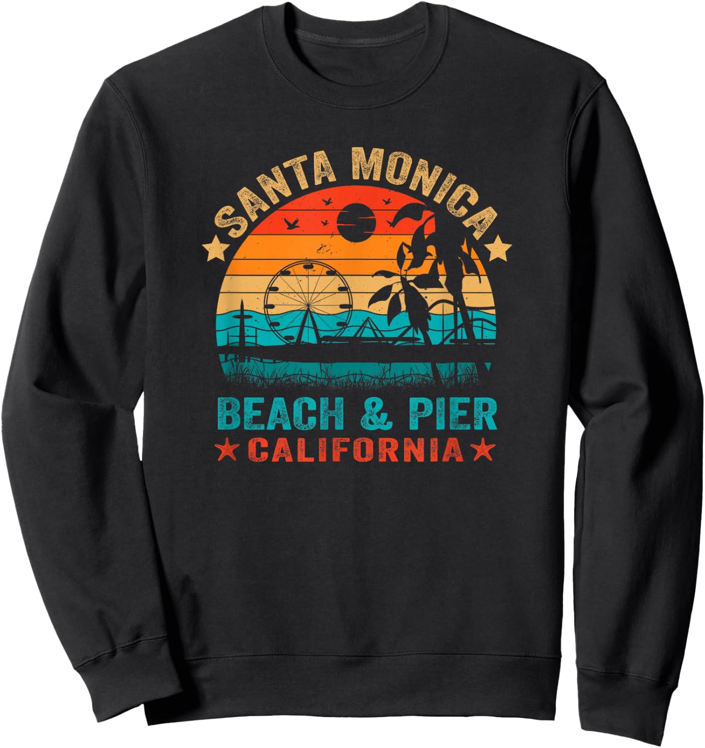 Santa Monica California USA Retro Beach Pier Ocean Sunset Sweatshirt - Sweatshirt | Black