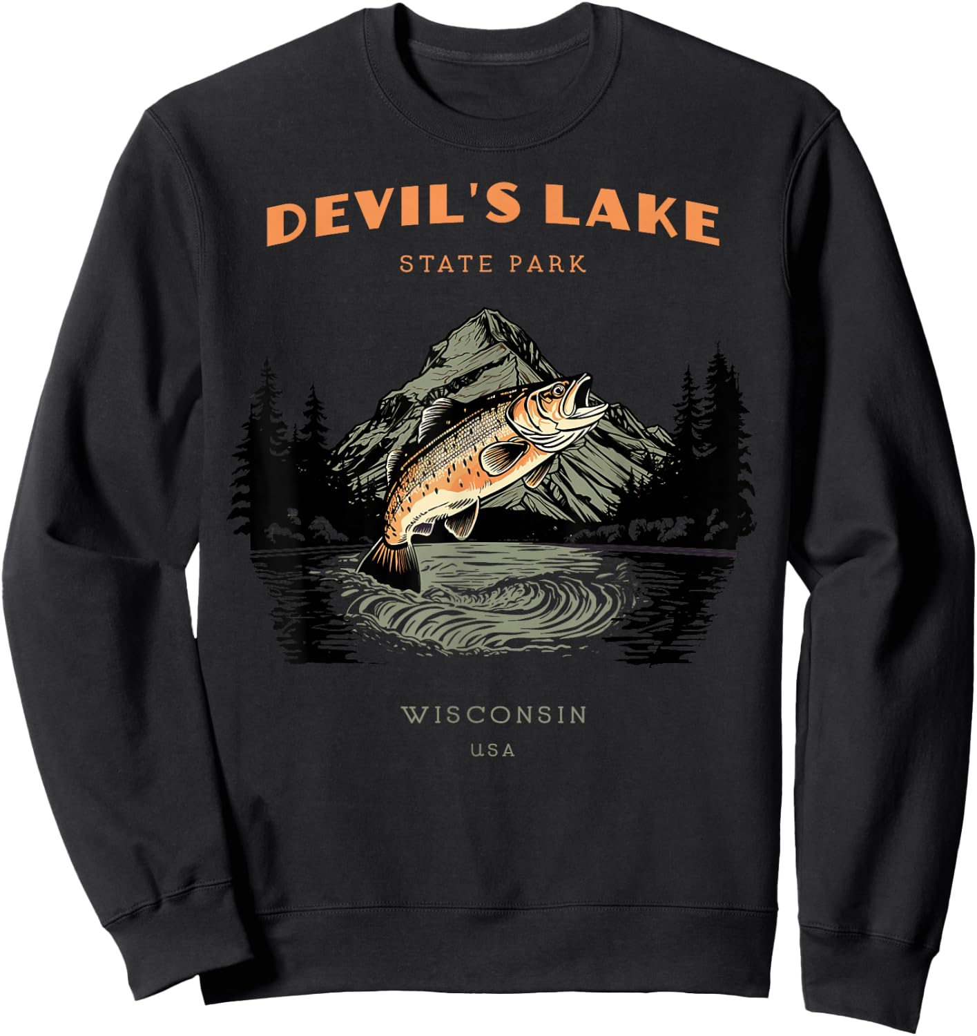 Devil's Lake State Park Wisconsin Retro Vintage Fishing Sweatshirt - Sweatshirt | Black