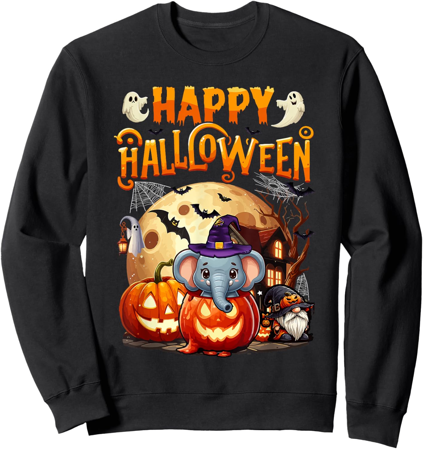 Happy Halloween Elephant Cosplay Witch In Carved Pumpkin Sweatshirt - Sweatshirt | Black