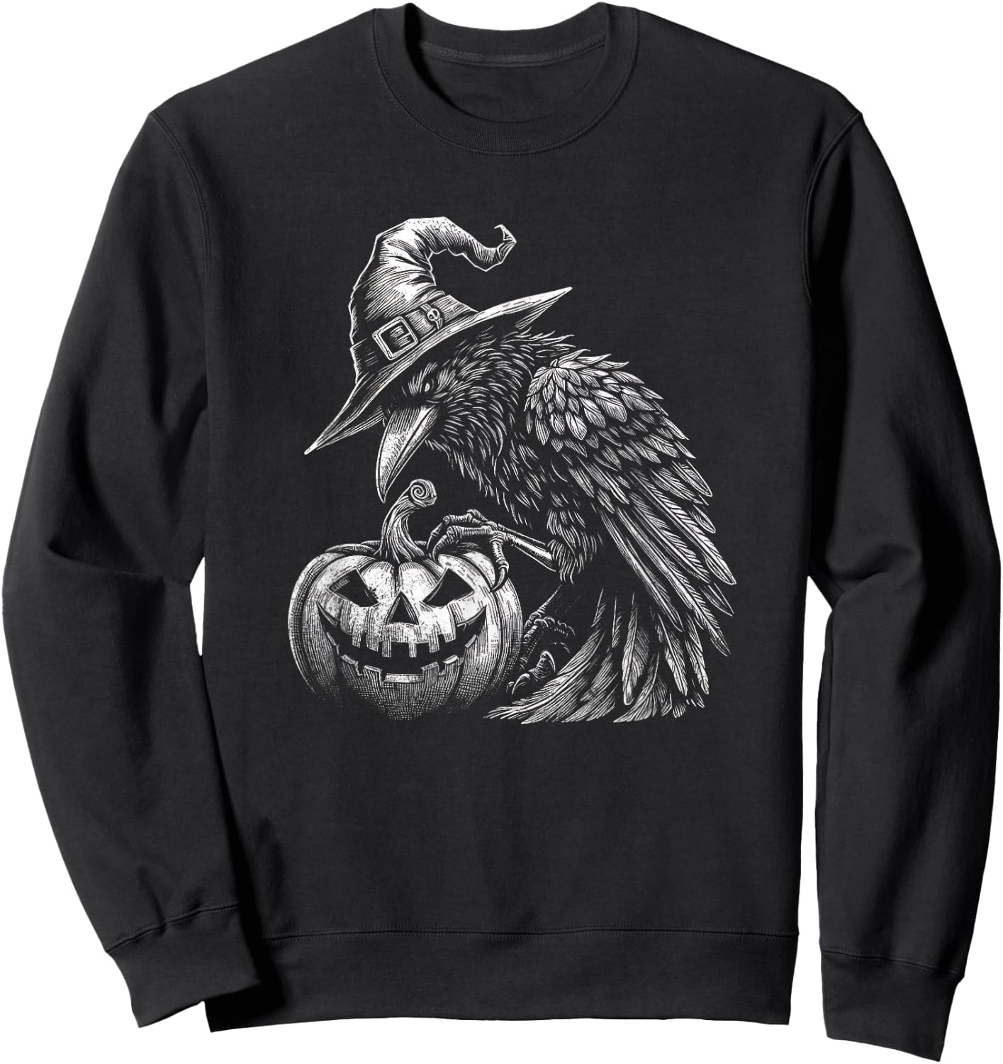 Goth Halloween Raven With Wizard Hat Art Crow Design Sweatshirt - Sweatshirt | Black