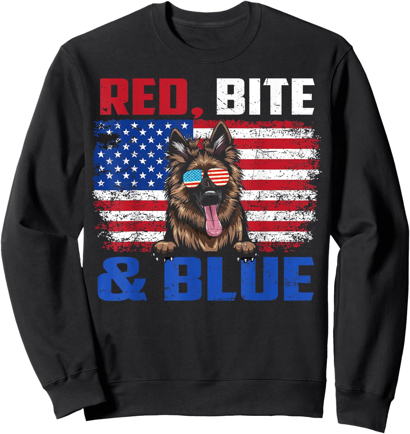 Red Bite Blue Long-Haired German Shepherd Dog 4th Of July Sweatshirt - Sweatshirt | Black