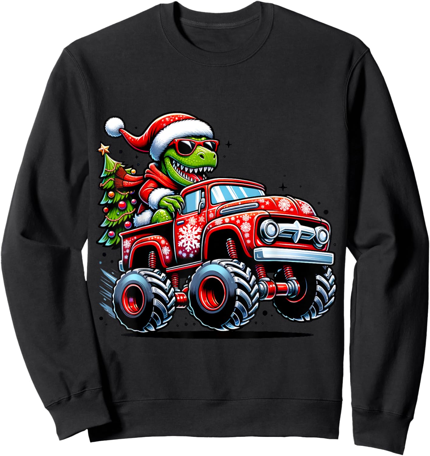 Christmas T Rex Monster Truck Boys Dinosaur Santa Xmas Funny Sweatshirt - Sweatshirt | Black