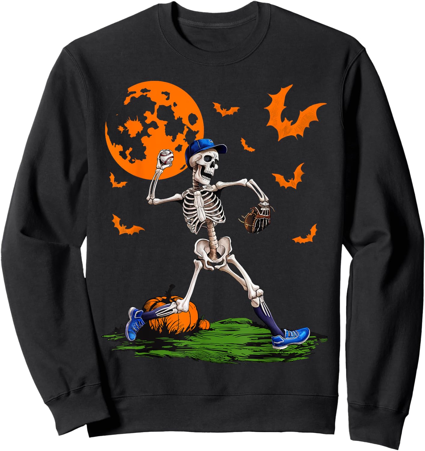 Baseball Skeleton Halloween Men Boys Baseball Spooky Season Sweatshirt - Sweatshirt | Black