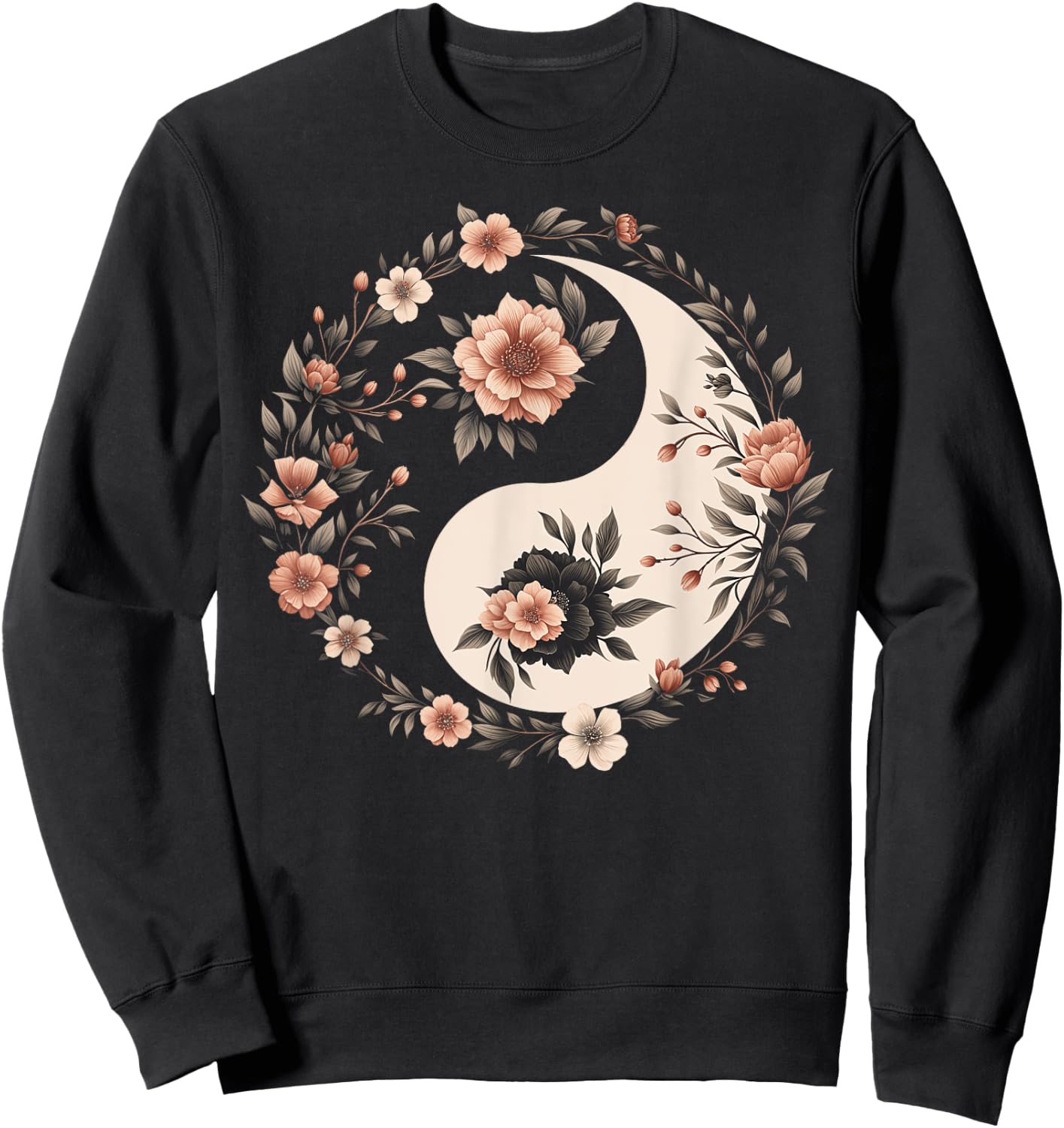 Cool Yin and Yang Symbol Floral Art Style Men Women Sweatshirt - Sweatshirt | Black