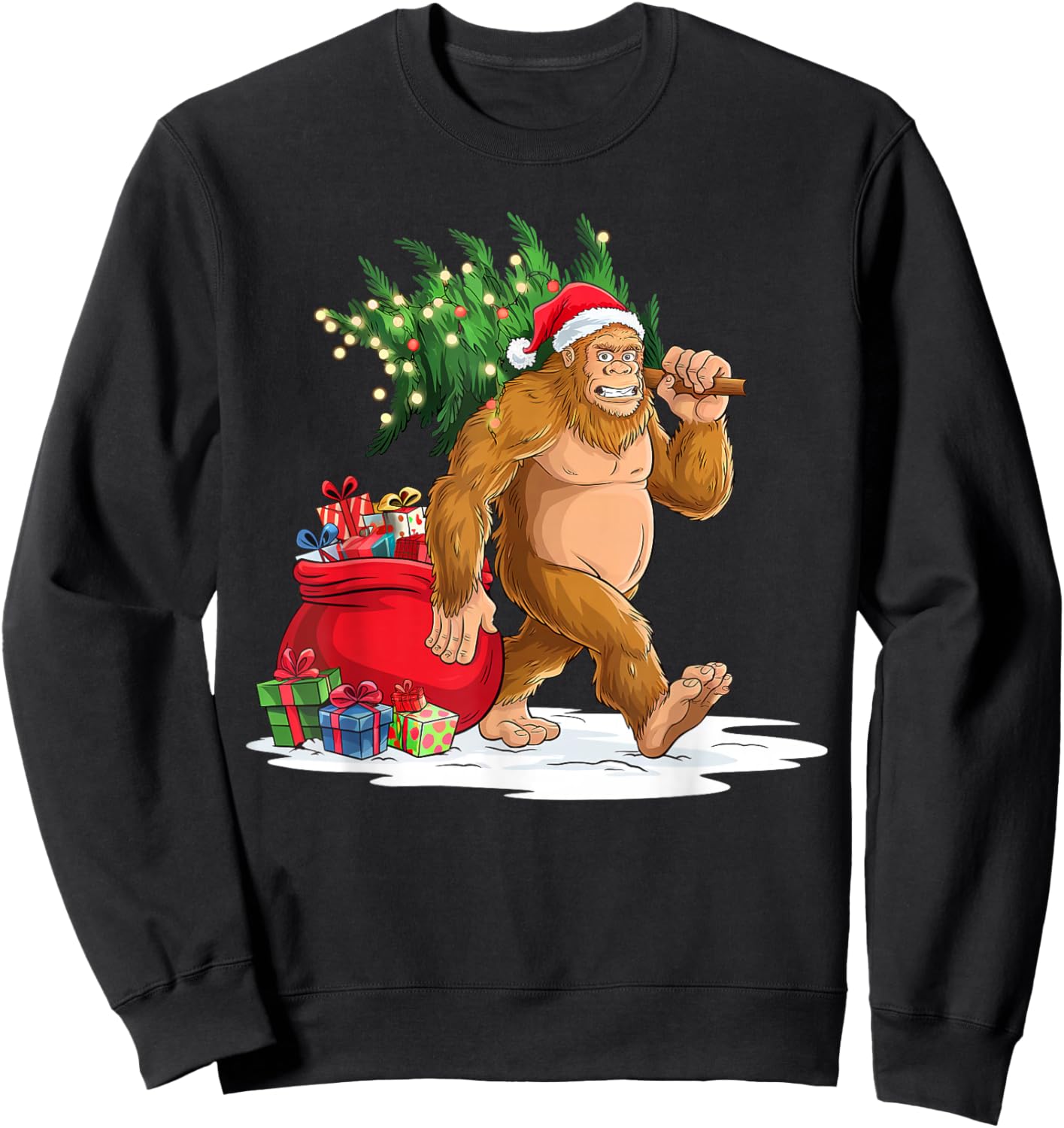 Bigfoot Christmas Tree Lights Xmas Boys Men Sasquatch Lovers Sweatshirt - Sweatshirt | Black