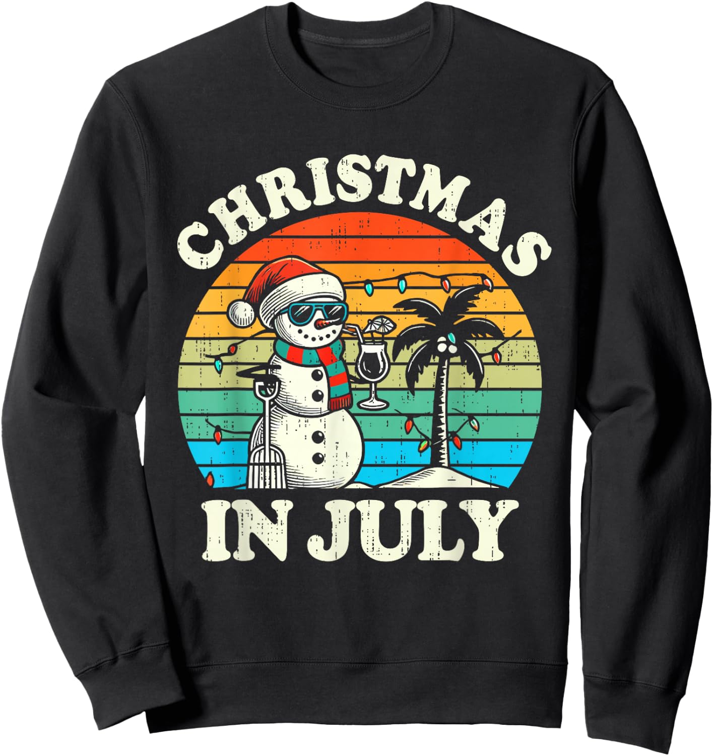 Vintage Christmas in July Snowman Summer Beach Vacation Xmas Sweatshirt - Sweatshirt | Black