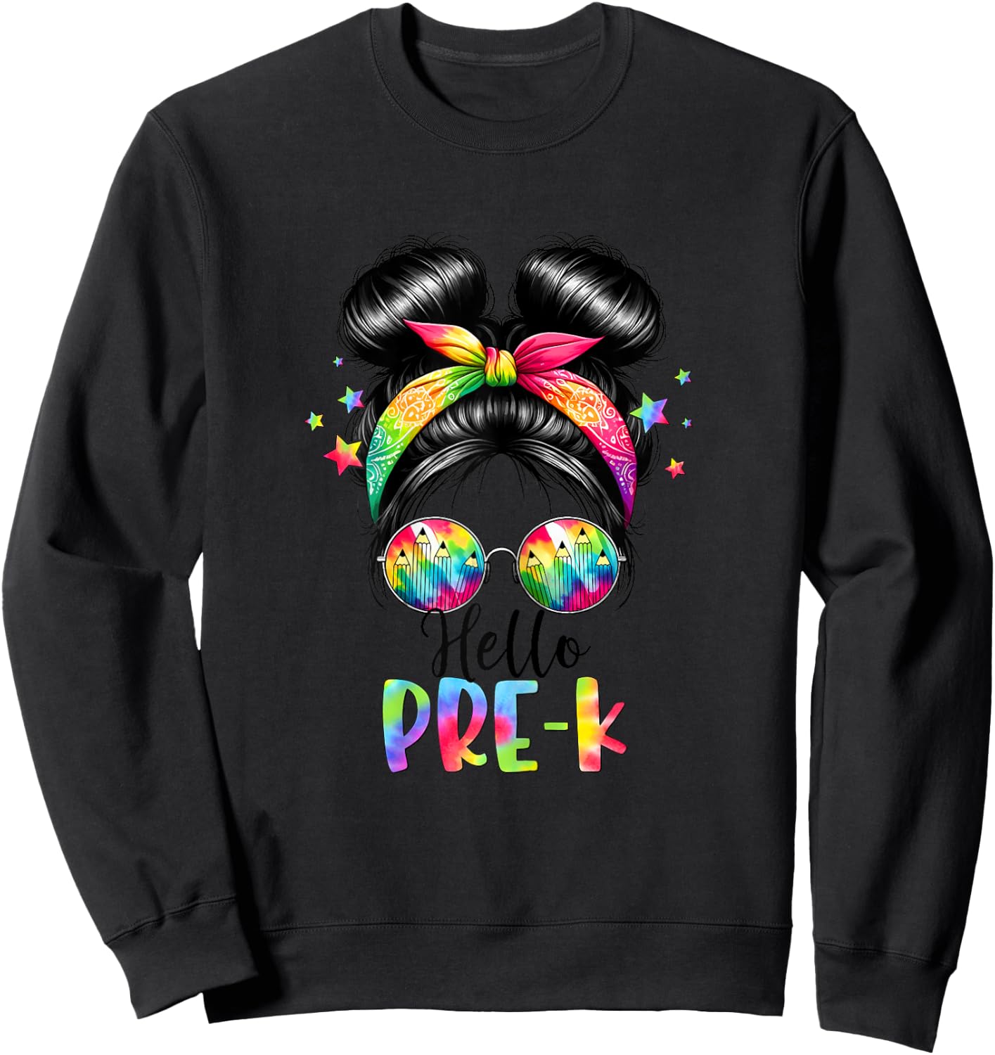 Hello Pre-K Messy Hair Bun Girl Back To School First Day Sweatshirt - Sweatshirt | Black