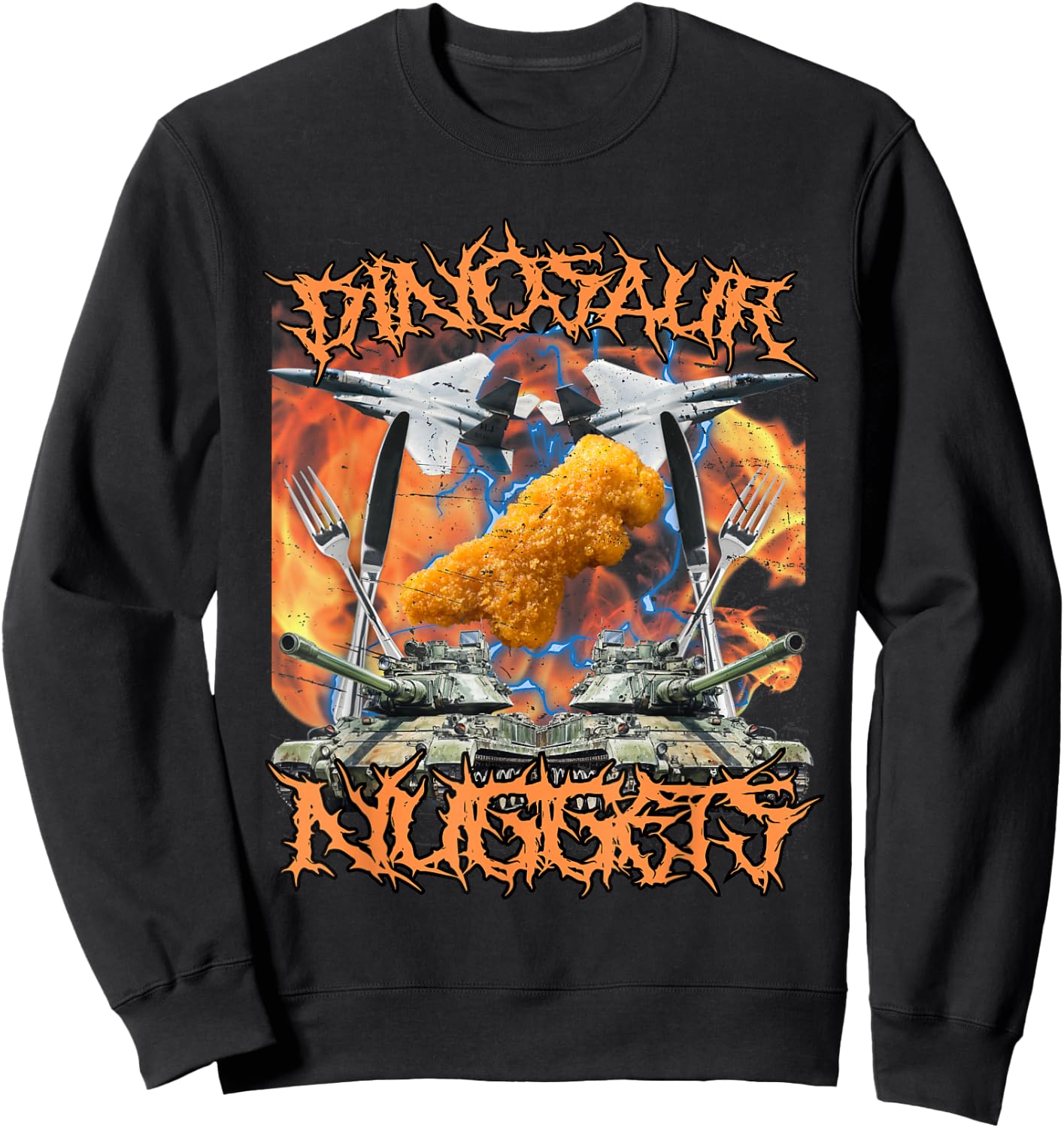 Funny Dinosaur Chicken Nugget Bootleg Hardcore Flames Meme Sweatshirt - Sweatshirt | Black
