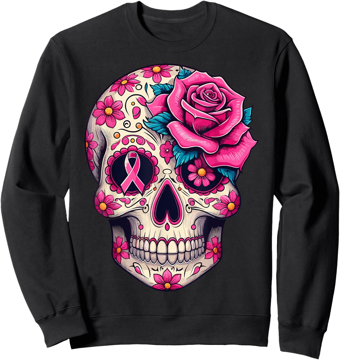 Sugar Skull Pink Ribbon Calavera Breast Cancer Awareness Sweatshirt - Sweatshirt | Black