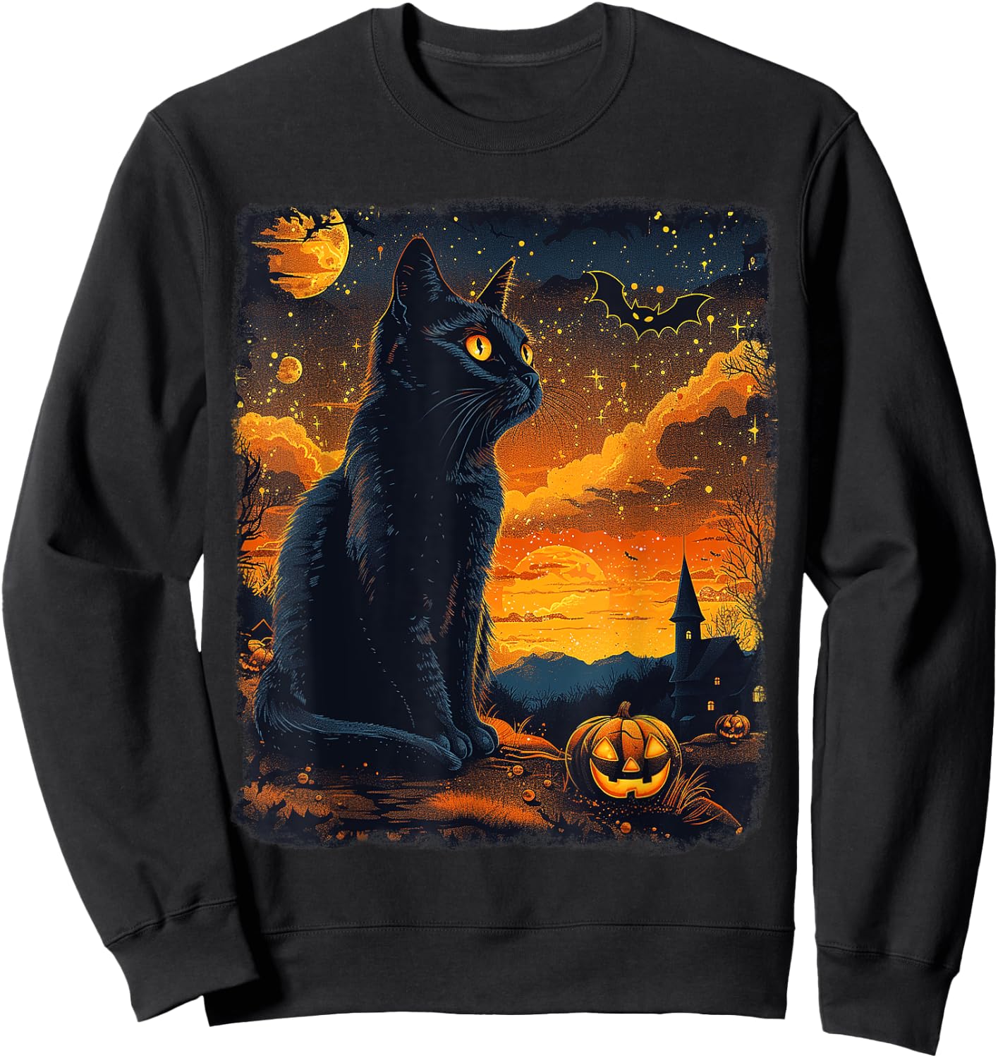 Black Cat Starry Night Van Gogh Pumpkins Bats Halloween Crew Sweatshirt - Sweatshirt | Black