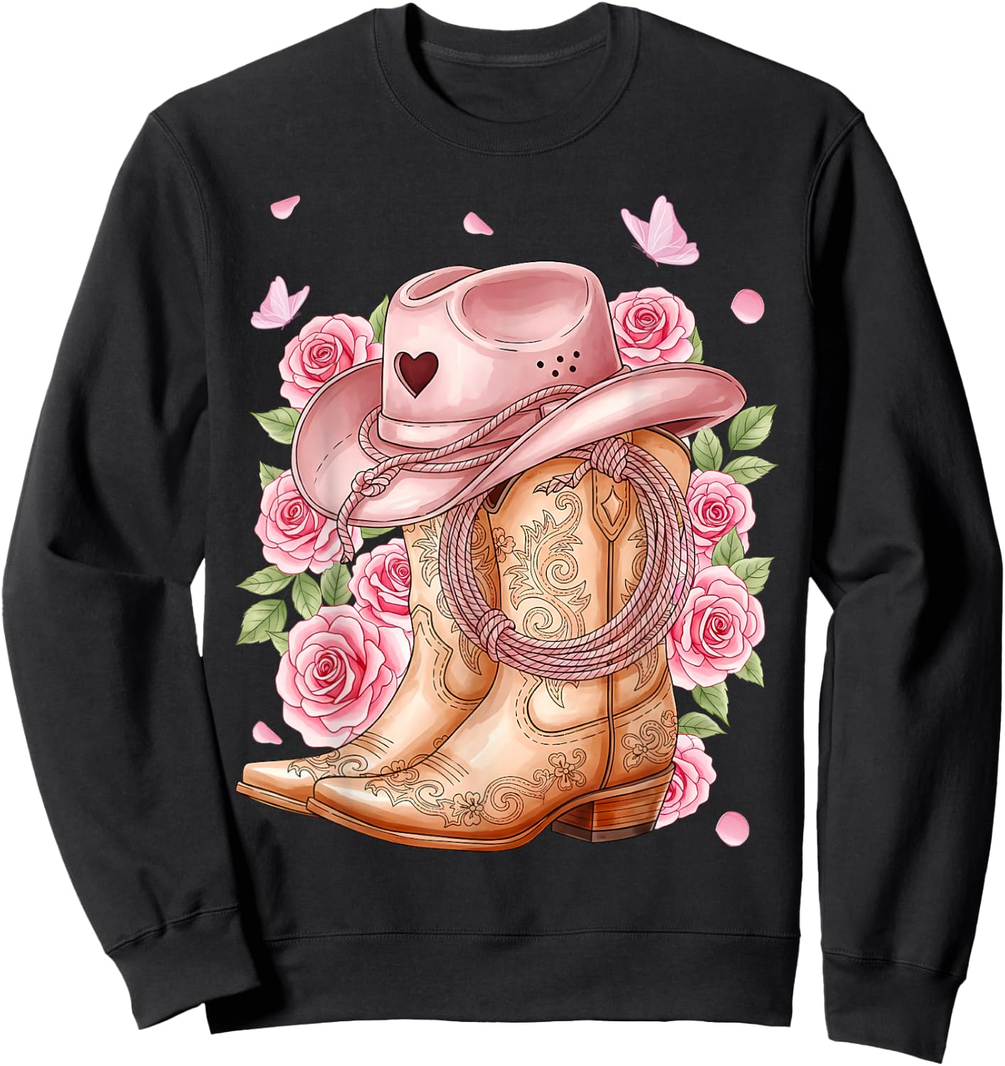 Western Country Pink Cowboy Boots Cowgirl Hat and Roses Sweatshirt - Sweatshirt | Black