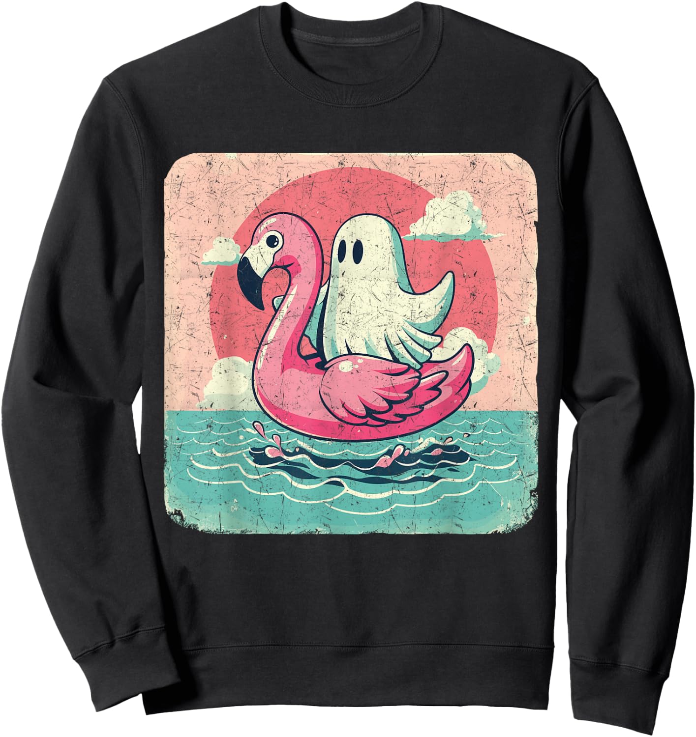 Funny Pool Vintage Ghost On A Pink Flamingo Summer Halloween Men Women Sweatshirt - Sweatshirt | Black