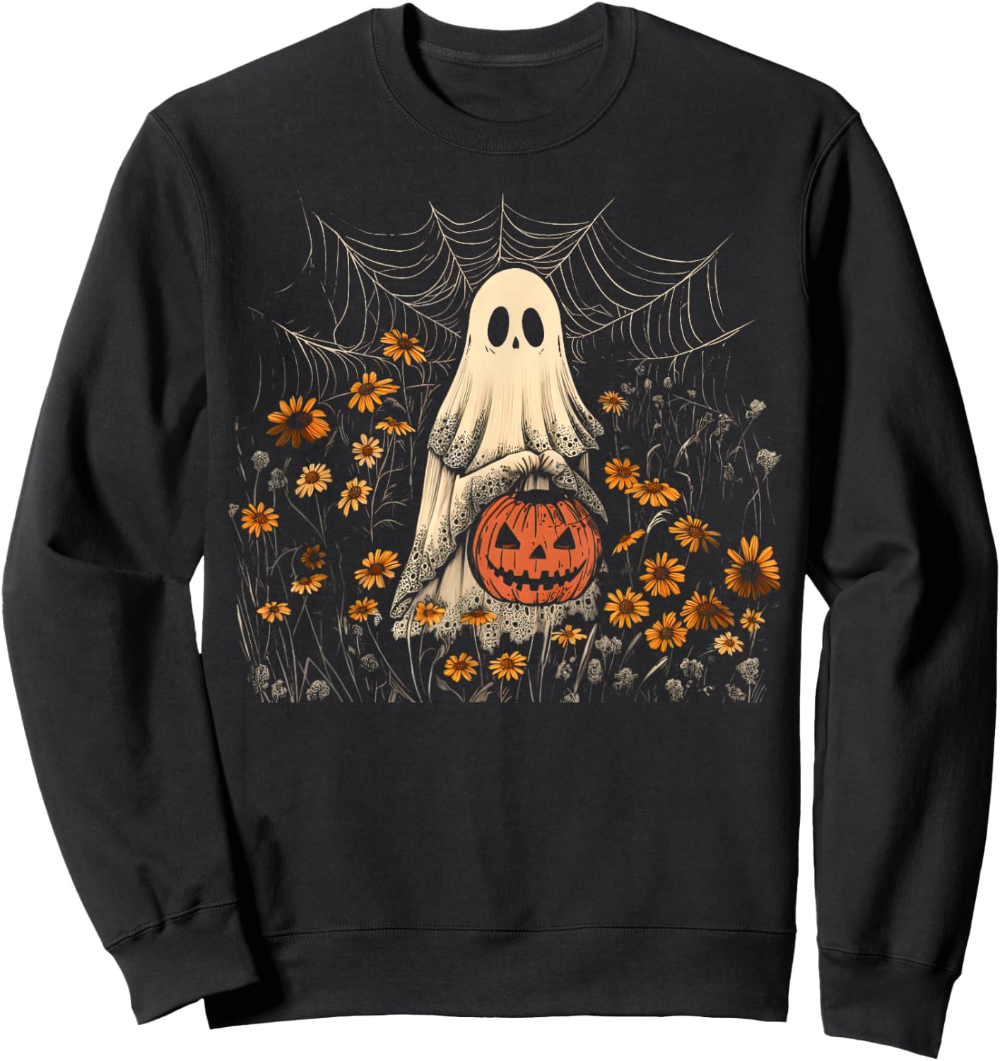 Retro Floral Lace Ghost Pumpkin Spooky Halloween Girls Women Sweatshirt - Sweatshirt | Black