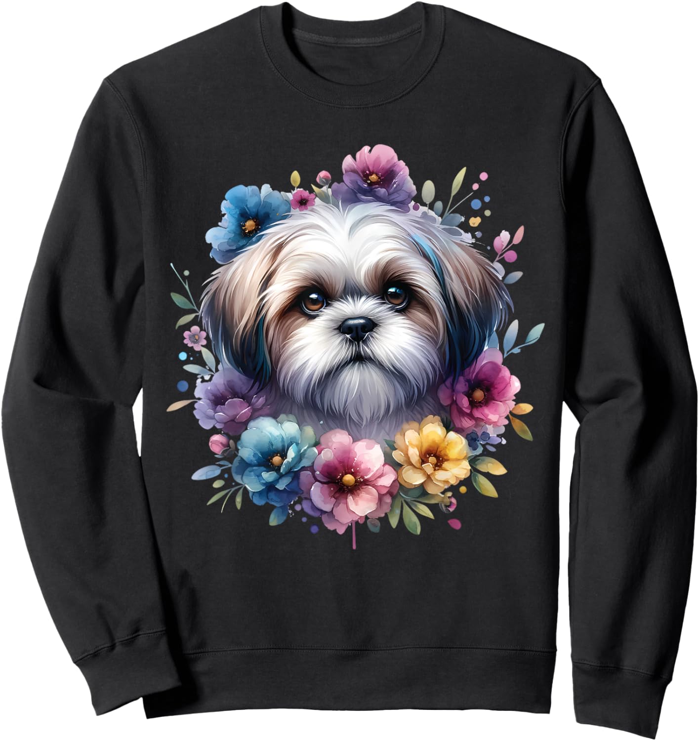 Watercolor Floral Shih Tzu Mama Dog Lovers Mother's Day Sweatshirt - Sweatshirt | Black