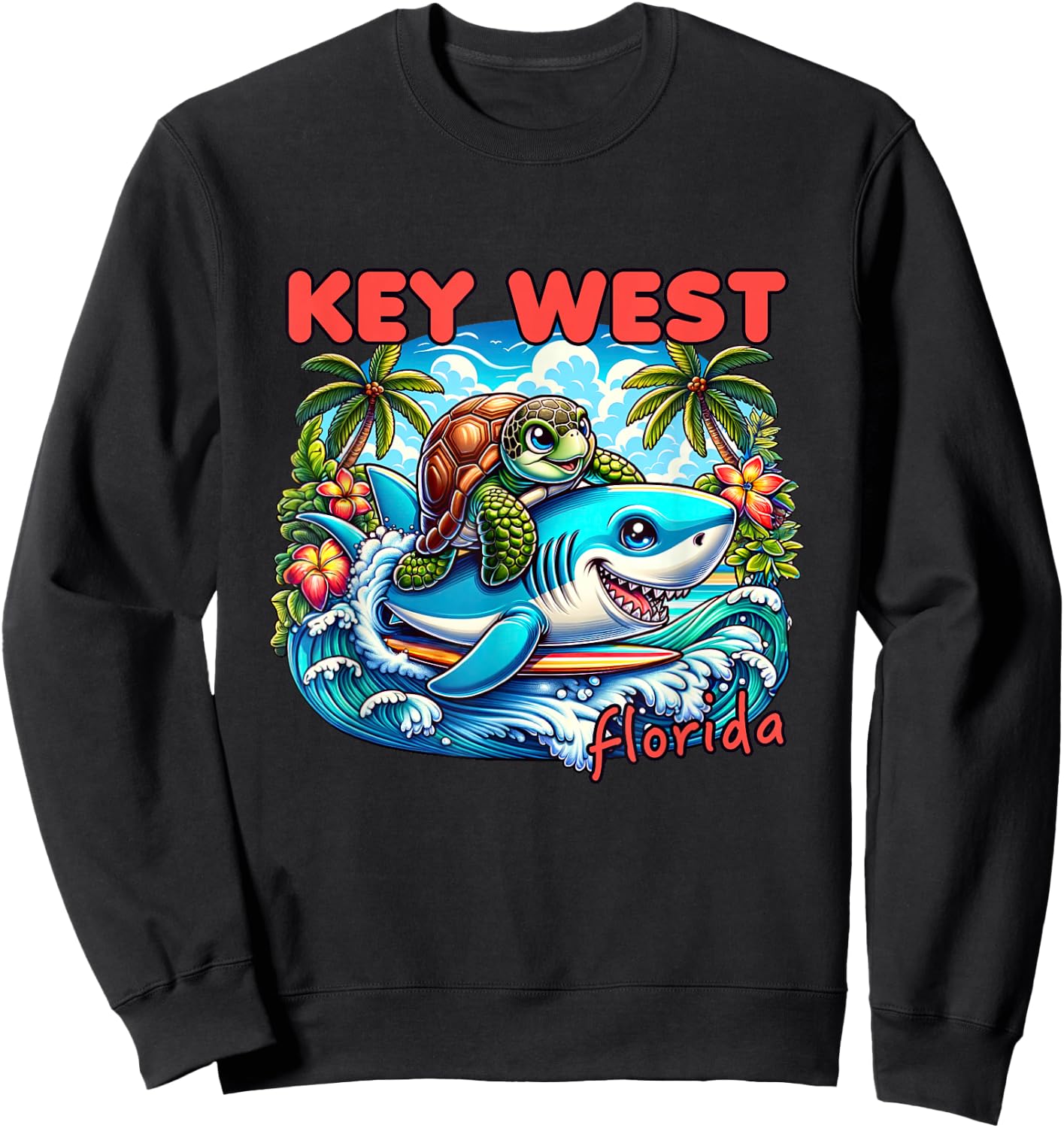 Key West Florida Beach Turtle and Shark Sweatshirt - Sweatshirt | Black