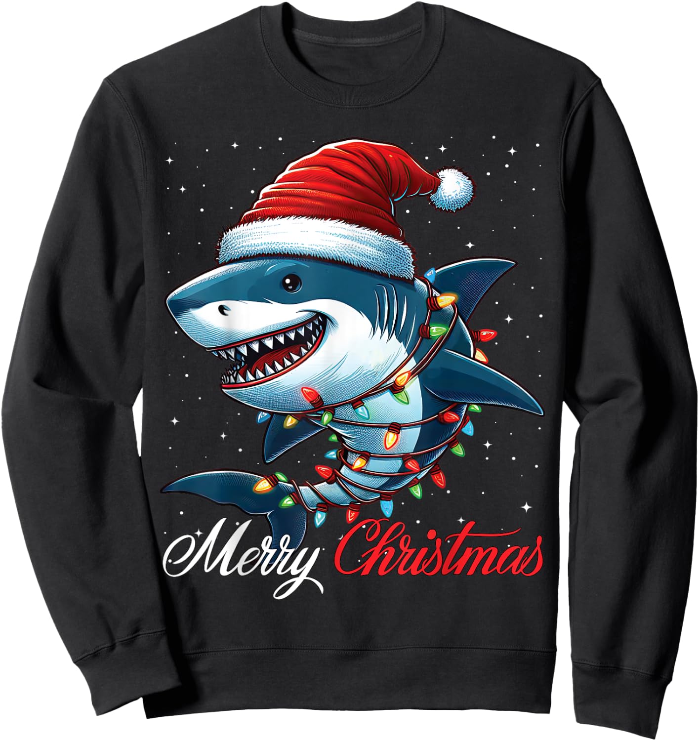 Shark Santa Hat Merry Christmas Lights Xmas Snow Sweatshirt - Sweatshirt | Black