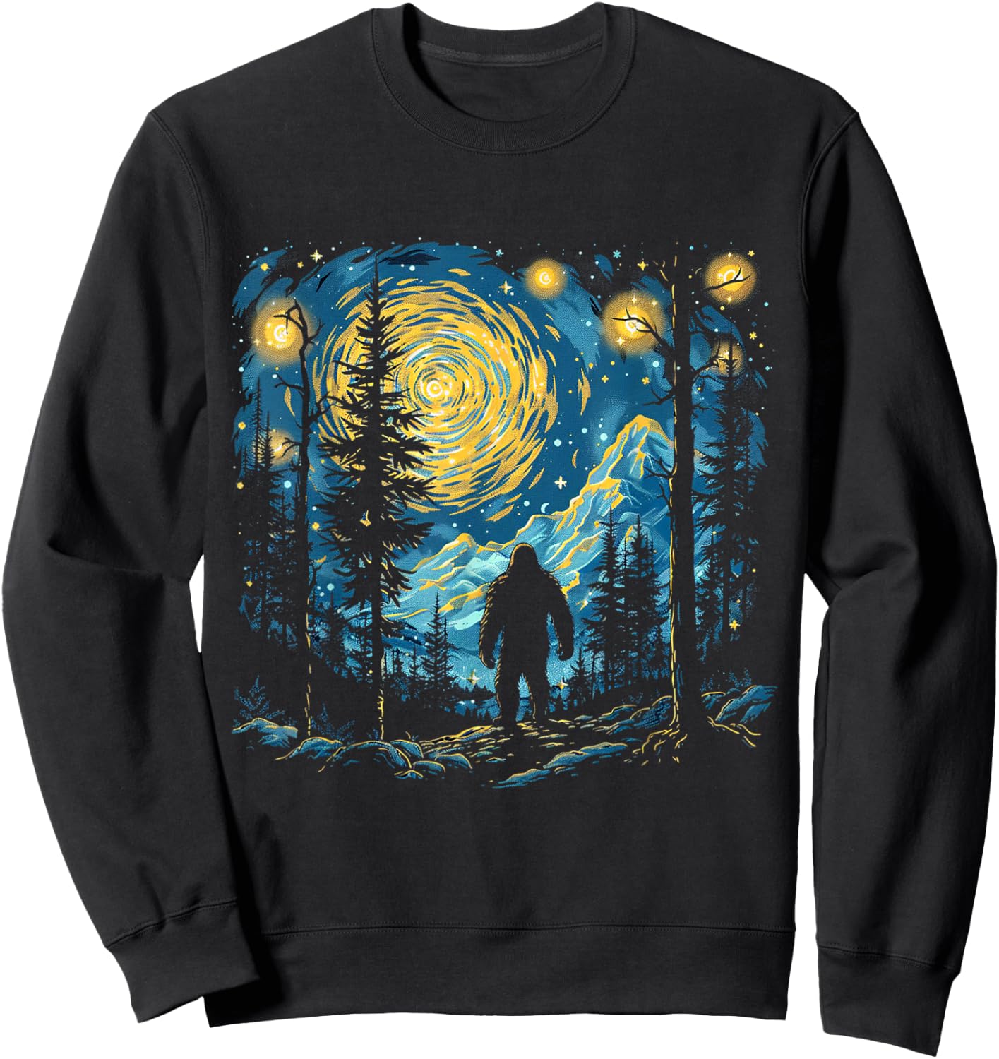 Funny Bigfoot Starry Night Sasquatch Van Gogh Sky Painting Sweatshirt - Sweatshirt | Black