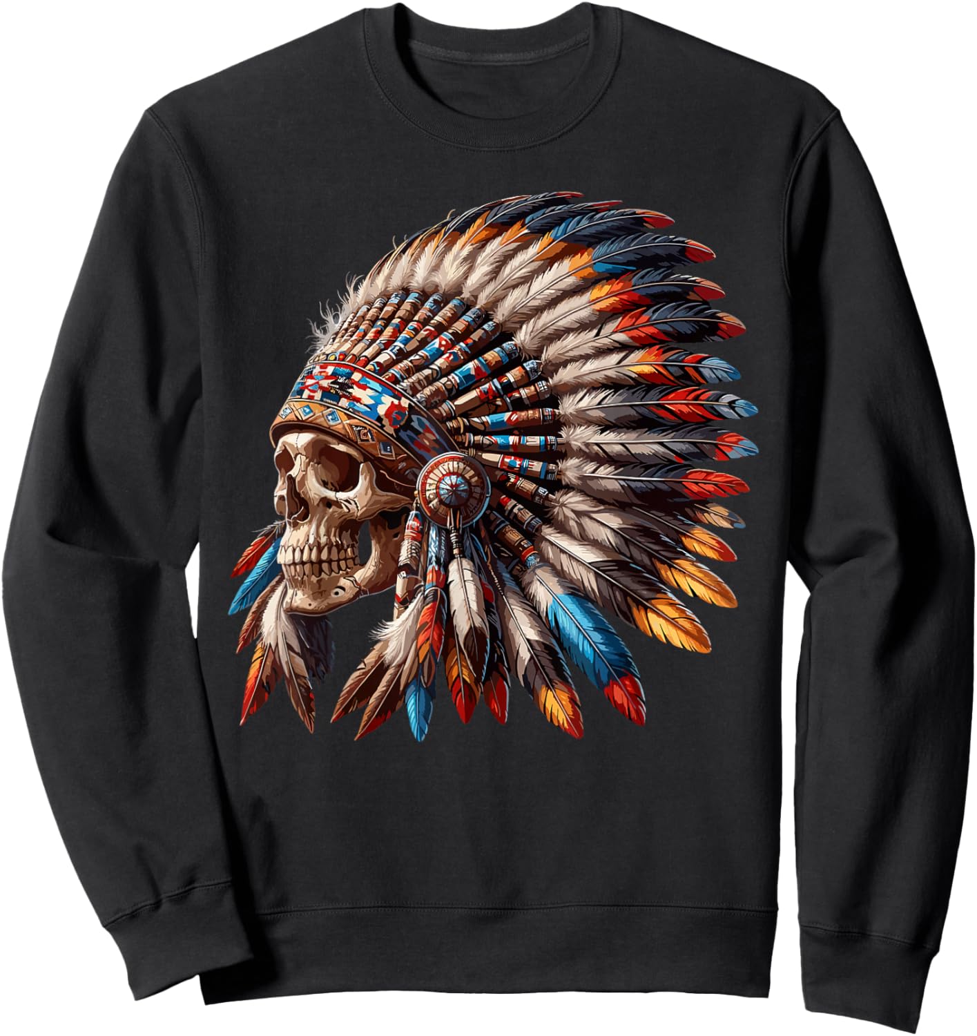 Native American Indian Chief Skull Motorcycle Headdress Sweatshirt - Sweatshirt | Black